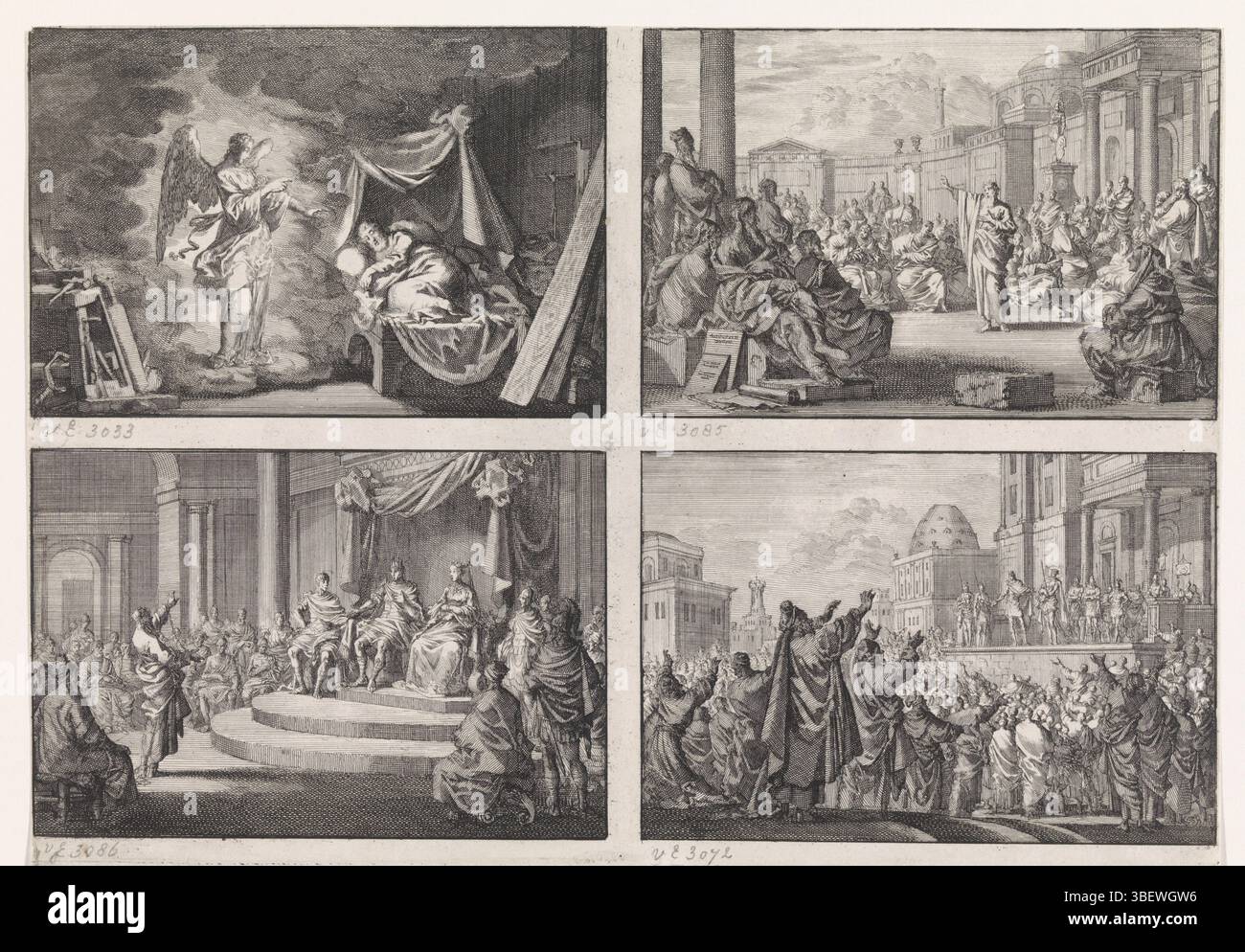 Amsterdam, Mortier, Pieter (I), Haarlem, Luyken, Jan, vier Aufführungen aus dem Neuen Testament, Amsterdam, verso in der Mitte - gestempelt, vier Aufführungen in einer Zeitschrift. Links die Warnung eines Engels vor Joseph. Oben rechts Paulus für die Mitglieder des Areopagus in Athen. Unter dem gefesselten Paulus für König Agrippa. Direkt unter Christus, dargestellt dem Volk (Ecce Homo)., Druck, Höhe 220 mm, Breite 309 mm, Noord-Nederlands, 16. April 1649 - 05.04.1712, Druckerei, 1703 - 1703, Papier, Ätzen, Publikation (Event), Publikation, Französisch, 1661 - 1711, Verlag Stockfoto