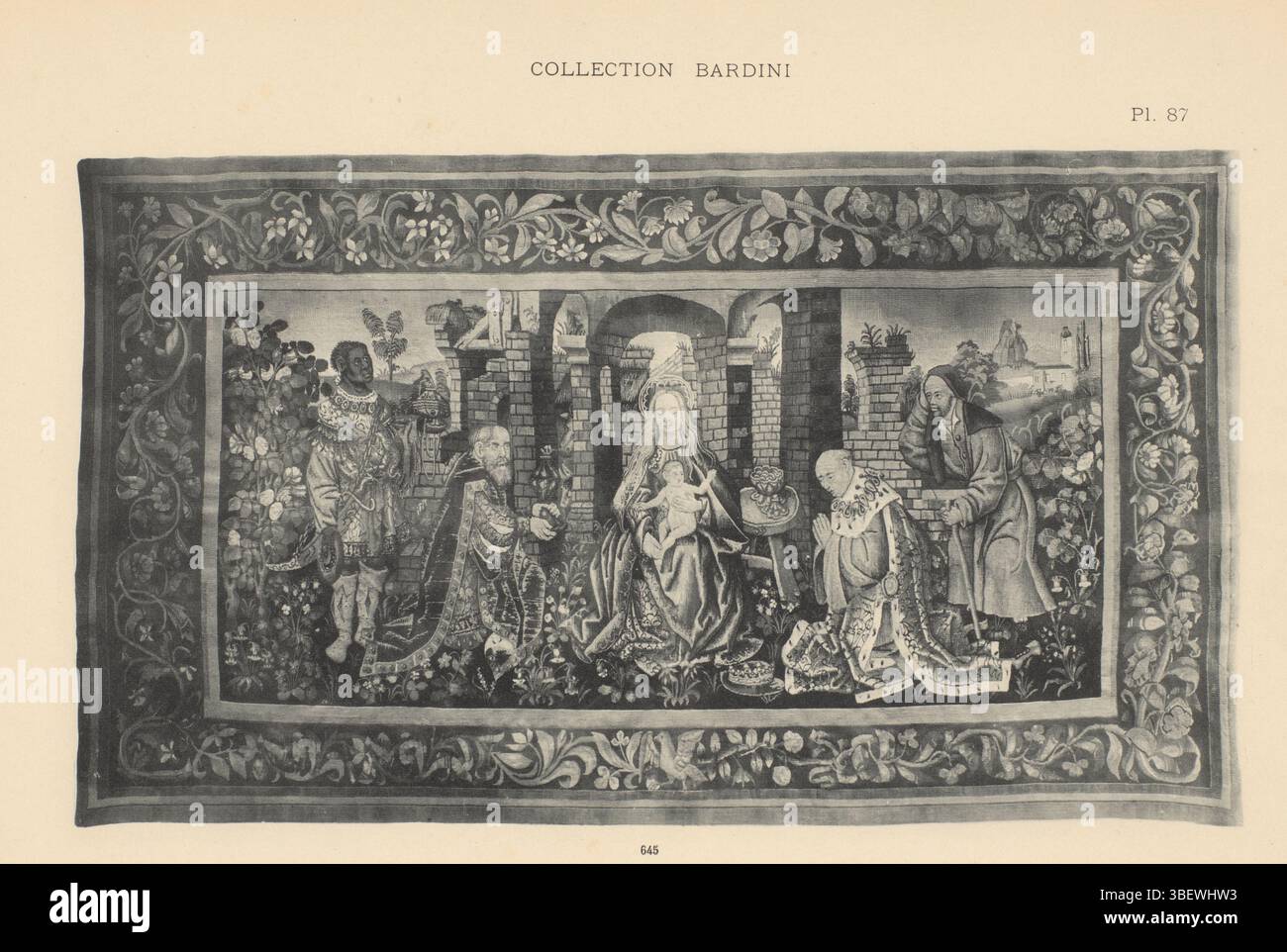 Florenz, Florenz, Sammlung Bardini, Wandteppich mit der Heiligen Maria auf dem Thron mit Christus auf dem Schoß, Recto - gedruckt, fotomechanischer Druck, Fotos, PL. 87, Höhe 266 mm, Breite 360 mm, Hersteller, 1875 - 1930, Papier, Kollotypen, leichter Druck, Wandteppich, „Sedes Sapientiae“ Stockfoto