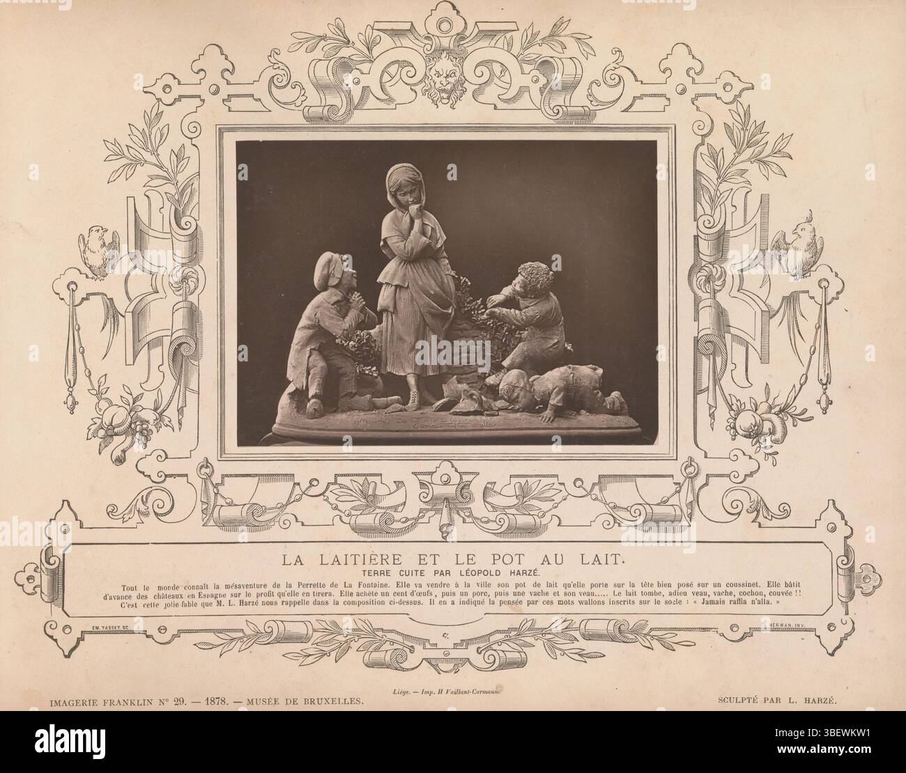 Lüttich, Vaillant-Carmanne, H., La Laitière et le Pot au Lait, Skulptur, dargestellt die Fabel La Laitière et le Pot au Lait von Léopold Harzé, Recto - gedruckt, dieser Druck ist Teil eines Albums., fotomechanischer Druck, fotomechanischer Druck, Seite, Fotos, fotografische illustrierte Bücher, IMAGERIE FRANKLIN Nr. 29. -1878. - MUSÉE DE BRUXELLES., TERRE CUITE raffia n'alla.&gt;, EM. TASSET VHM., J. HERMAN, INV., SCULPTIE PAR L. HARZIE., Höhe 100 mm, Breite 139 mm, Creator, 1873 - 1878, Papier, Holzart, 1838, Drucker, Drucker Stockfoto