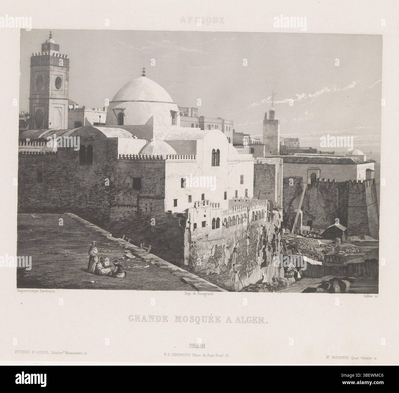 Paris, Bossange, Jean-Hector, Paris, Rittner & Goupil, Lerebours, Noël Marie Paymal, Bougeard, Algier, Callow, Afrique, Grande Mosquée a Alger, Recto - gedruckt, gedruckt, Seite, Bilder, illustrierte Bücher, Blick auf die große Moschee in Algier, Rittner & Goupil Boulevd Montmartre 15, N.P. Lerebours Place du Pont Neuf 15, HR. Bossance Quai Voltaire 11, Höhe 149 mm, Breite 208 mm, Druckmaschine, 1839 - 1841, Papier, Aquatint, zwischengeschalteter Zeichner, nach dem Zeichnen, Französisch, 1802-16 - 1873, durch Foto, Drucker, Publikation, Publikation (Veranstaltung), 1873, Stockfoto