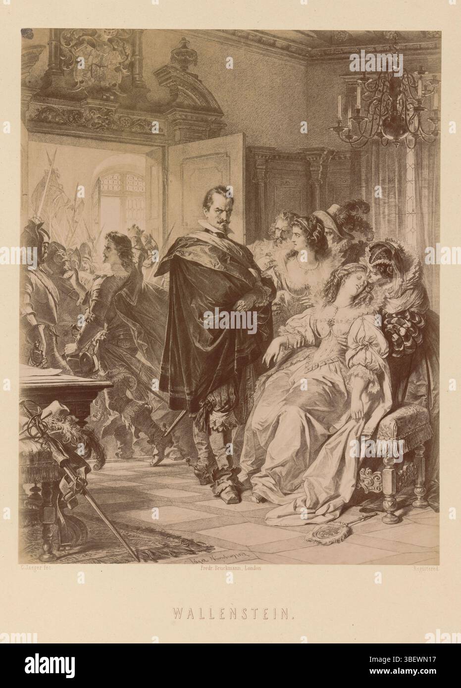 Jaeger, Carl, London, Bruckmann, Friedrich, Wallenstein, Fotoreproduktion eines Bildes einer Szene aus der Wallenstein-Trilogie von Friedrich Schiller, von Carl Jaeger, Recto-gedruckt, Fotografie, Foto, Reproduktion, Seite, Fotos, fotografische illustrierte Bücher, registriert. Höhe 280 mm, Breite 227 mm, Deutsch, 1814 - 1898, Fotograf, 1870 - 1875, Fotopapier, Albumendruck, Albumindruck, 17. 10. 1833. 12. 05. 1887., vermittelter Dramaturg Stockfoto