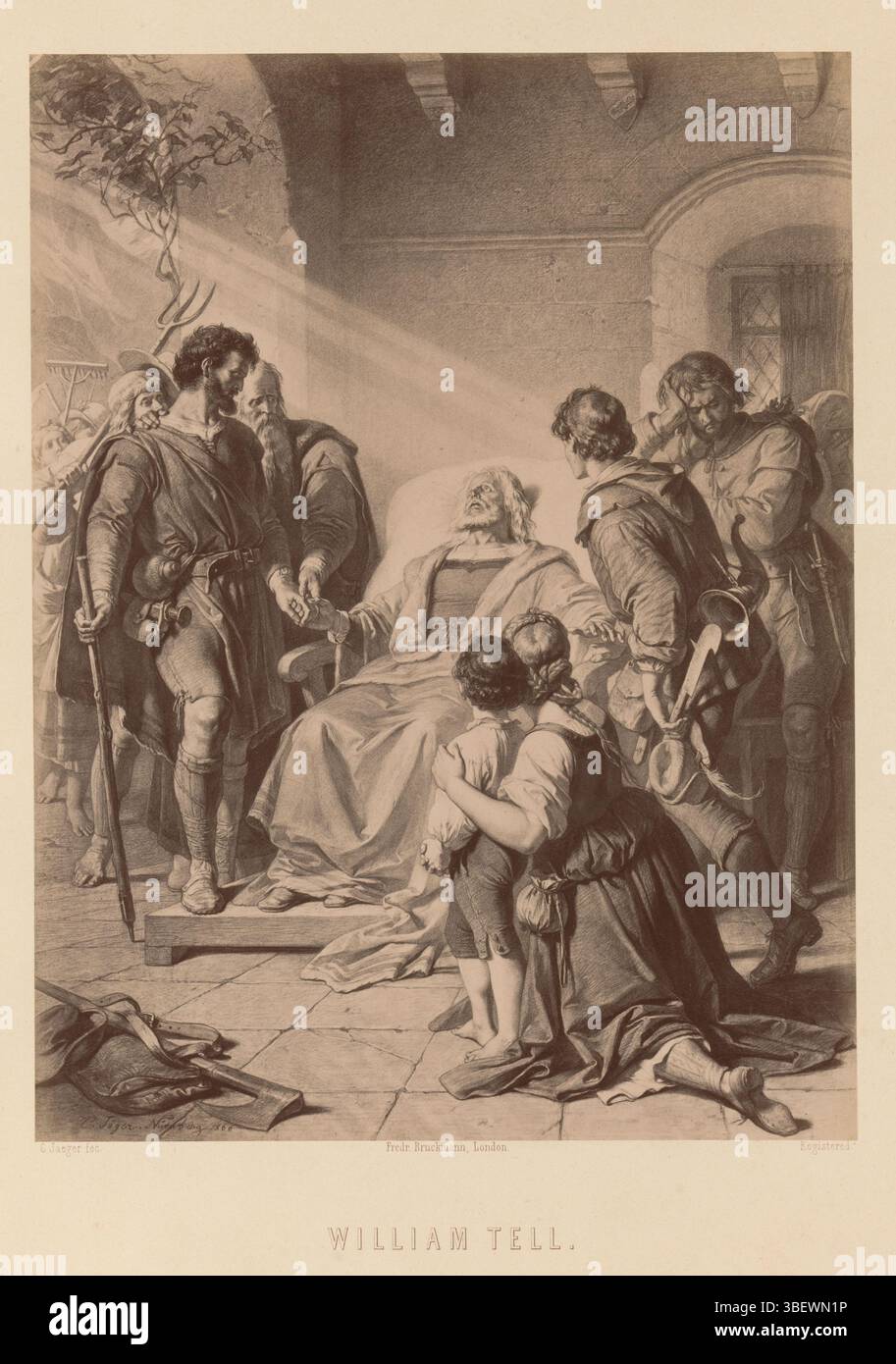 Jaeger, Carl, London, Bruckmann, Friedrich, William Tell, Fotoreproduktion einer Zeichnung einer Todesszene von William Tell von Friedrich Schiller, von Carl Jaeger, rektogedruckt, Foto, Foto, Foto, Reproduktion, Seite, Fotos, fotografische illustrierte Bücher, registriert. Höhe 293 mm, Breite 221 mm, Deutsch, 1814 - 1898, Fotograf, 1870 - 1875, Fotopapier, Albumendruck, Albumindruck, 17. 10. 1833. 12. 05. 1887., Verfasser des Zwischenberichts Stockfoto