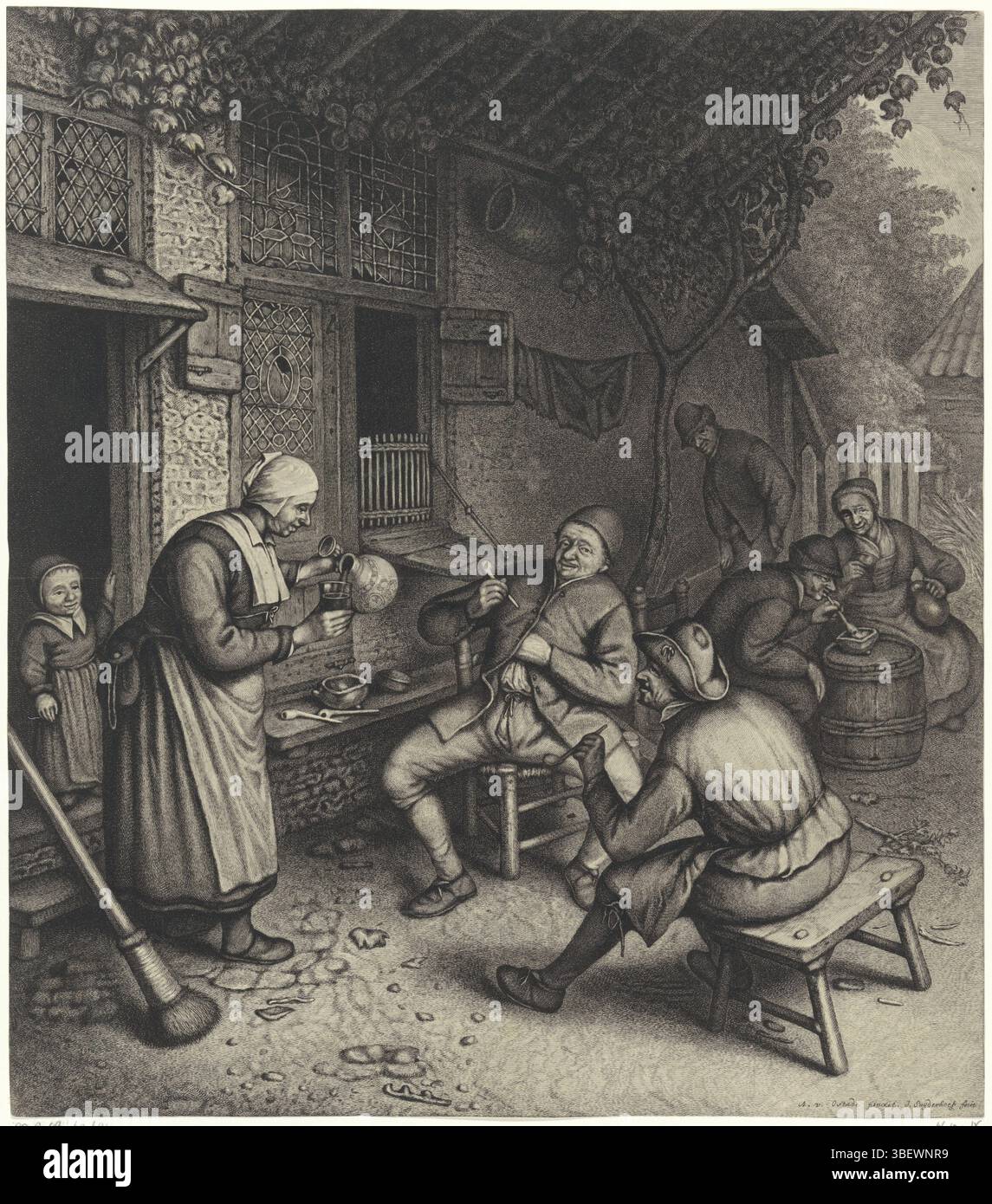 Ostade, Adriaen van, Haarlem, Suyderhoef, Jonas, Bauern auf der Terrasse für ein wirtshaus, verso - gestempelt, vor einem wirtshaus sind zwei Bauern, jeder mit einem Rohr in der Hand. Eine Frau gießt ein Glas voll. In der Tür ein Kind. Rechts ein stehender Mann und ein Mann und eine Frau in einer Tonne, Druck, Höhe 398 mm, Breite 350 mm, 1613 - 1686-05-09, Druckerei, 1623 - 1686, Papier, Gravur, Gravur (Druckverfahren), Nord-Niederlande, 19. Dezember 1610 - 28. April 1685 Stockfoto
