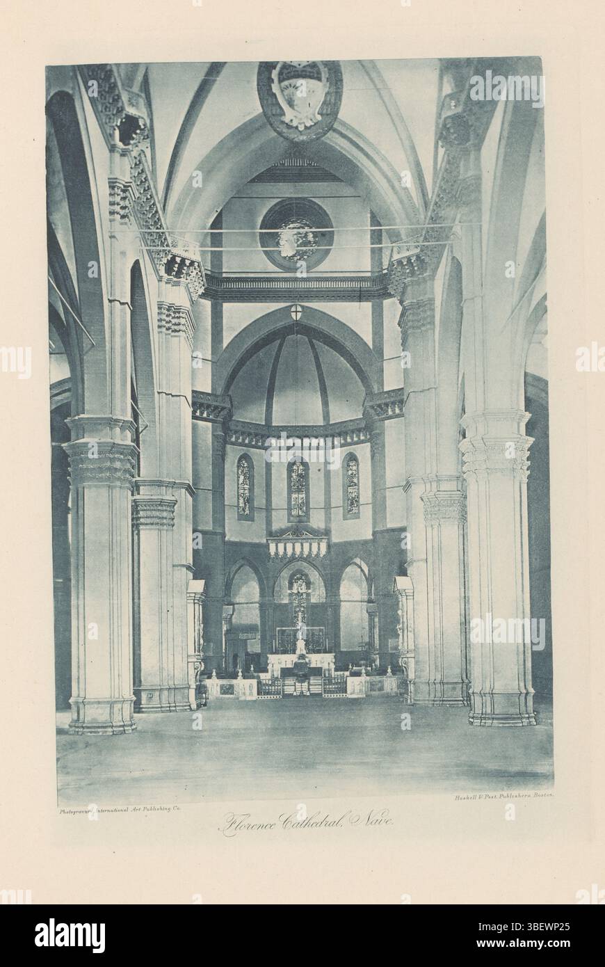 Haskell & Post Publishers, International Art Publishing Co., Kathedrale von Florenz, Kirchenschiff, Inneres der Kathedrale von Florenz, fotomechanischer Druck, Seite, Fotos, fotografische illustrierte Bücher, Höhe 293 mm, Breite 199 mm, Fotograf, 1881 - 1886, Papier, Kollotypie, Lichtdruck, Klischeemacher, Publikation (Veranstaltung), Publikation, Herausgeber Stockfoto