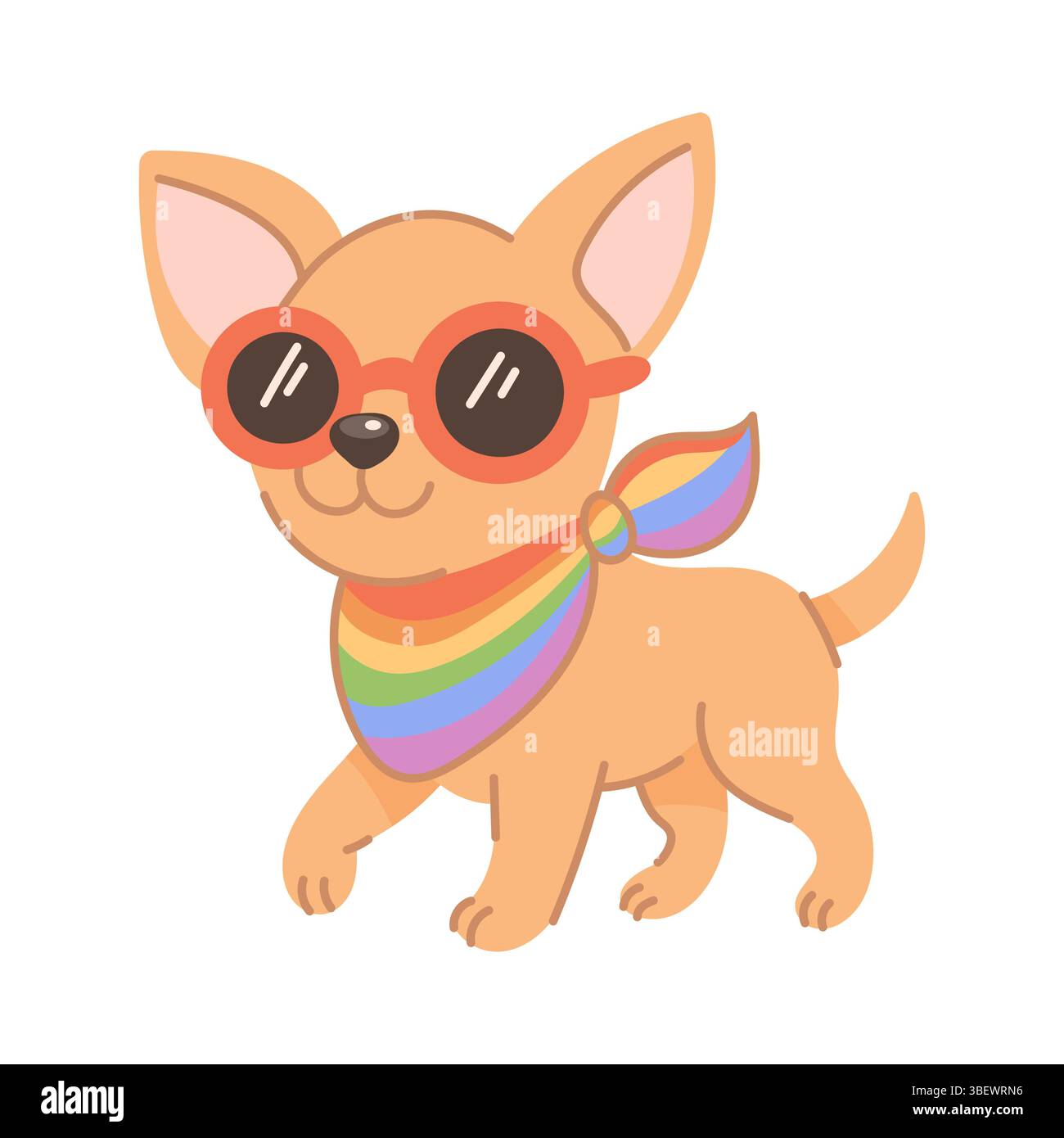 Der niedliche chihuahua-Hund trägt einen Regenbogenschal und eine helle Sonnenbrille und feiert den Stolz der LGBTQ, Gleichheit und Vielfalt mit einem fröhlichen Ausdruck. Stock Vektor