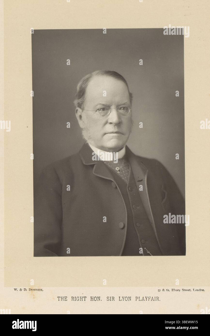 London, Downey, William & Daniel, The Right Hon. Sir Lyon Playfair, Portrait of Lyon Playfair, London, Recto-print, fotomechanische Print, Seite, Fotos, fotografische illustrierte Bücher, 57 & 61, Elbury Street, London. Höhe 140 mm, Breite 93 mm, Englisch, Fotograf, 1882 - 1892, Papier, Holzburytyp, Klischeemacher Stockfoto