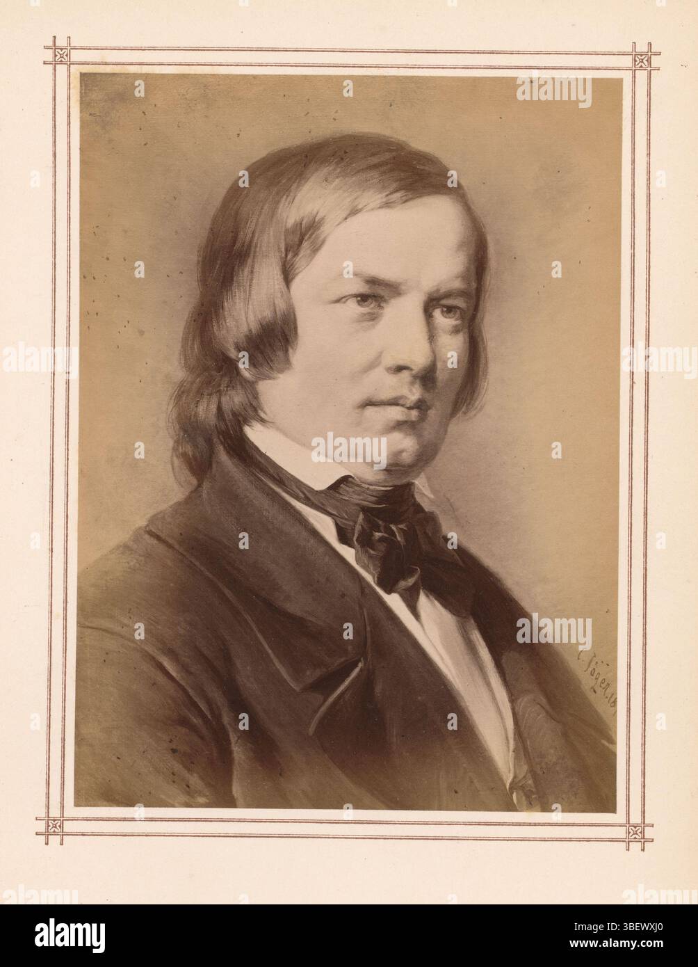 Jaeger, Carl, Fotoreproduktion eines Porträts von Robert Schumann von Carl Jaeger, Recto, Fotografie, Foto, Reproduktion, Seite, Fotos, fotografische illustrierte Bücher, C. Jäger 18[...], Höhe 144 mm, Breite 106 mm, Fotograf, 1865 - 1875, Fotopapier, Albumendruck, Albumindruck, 17. 10. 1833. 12. 1887 Stockfoto