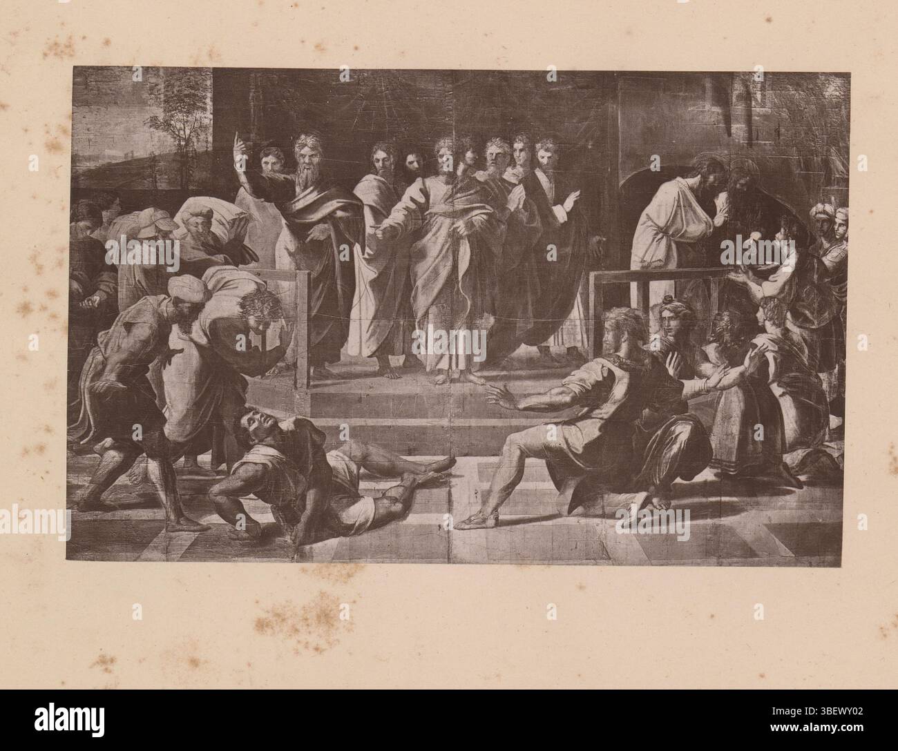 Raphael, Thompson, Charles Thurston, Tod von Ananias, Reproduktion eines Entwurfs des Todes von Ananias von Raphael, dieser Druck ist Teil eines neunseitigen Umschlags., fotomechanischer Druck, Reproduktion, Fotos, fotografische illustrierte Bücher, Höhe 120 mm, Breite 188 mm, Englisch, 1816 - 1868, Fotograf, 1880 - 1885, Papier, Holzart, Klischeemacher, Werkkonzeption, 7. April 1483 - 7. April 1520 Stockfoto