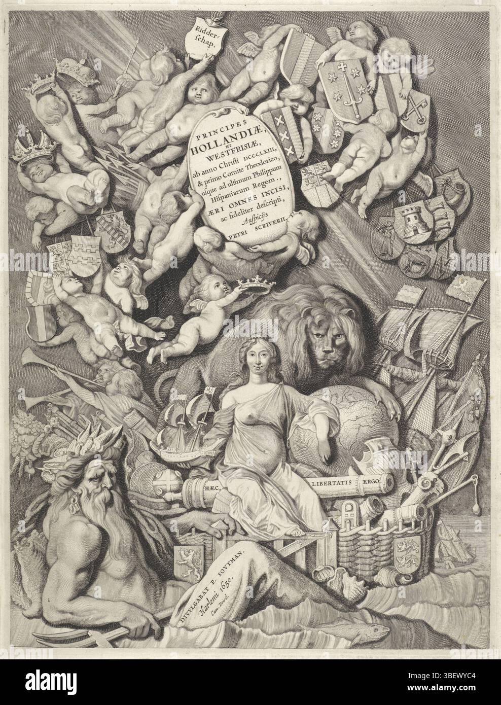 Unbekannt, Haarlem, Soutman, Pieter Claesz., Visscher, Cornelis (II), Principes Hollandiæ, Zelandiæ et Frisiæ, Grafen und Grafen von Holland, Zeeland und Westfriesisch, PRINCIPES, HOLLANDIÆ, ZELANDIÆ ET FRISIÆ, PETRI SCRIVERII, Titeldruck für eine Serie von Gräbern und Gräbern von Holland, unbekannt, verso - gestempelt, Titeldruck für eine Serie von 38 Gräbern und Gräbern von Holland, Zeeland und Westfriesen. In der Mitte sitzt die niederländische Jungfrau auf einer Kanone im niederländischen Garten. Sie hat ein Schiff in der Hand und lässt ihren Arm auf einer Kugel ruhen. Hinter ihr steht der niederländische Löwe. Links im Vordergrund liegt Neptu Stockfoto