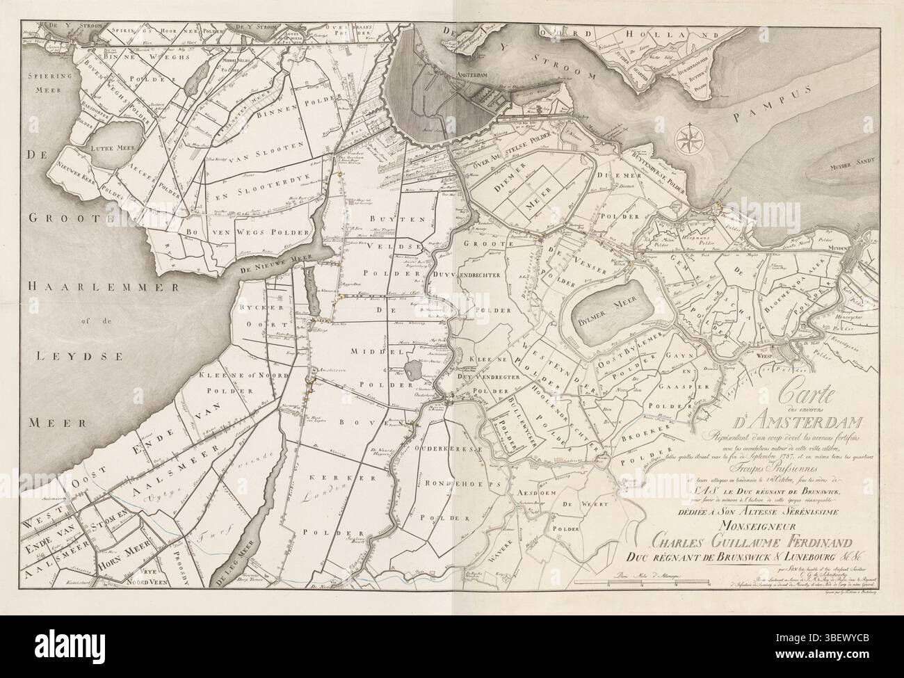 Schaikowsky, C.G. DE, Bückeburg, Tischbein, G., Carte des environs d'Amsterdam Représentant les Avenue fortifieés avec les inondations vers la fin de Septembre1787; et en meme tems les Quarterers die Truppen Preußens et leurs attaques au llodomain le 1er d'Octobre, Karte von Amsterdam und die Positionen der preußischen Truppen in der Stadt, 1787, verso - gestempelt, Karte von Amsterdam und Umgebung, auf denen die Positionen der preußischen Truppen und das überflutete Gebiet bei der Annäherung an die preußischen Truppen unter dem Herzog von Brunswijk, Ende September - 1. Oktober 1787 angegeben sind. Blaue Farbe Stockfoto