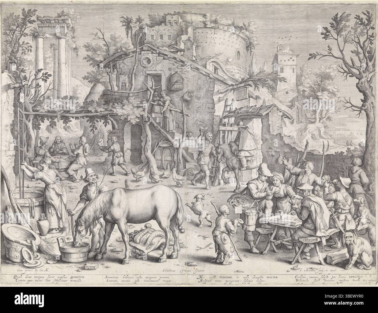 Rudolf II. Von Habsburg (deutscher Kaiser), Haarlem, Matham, Jakob, Wassenaar, Nicolaas Jansz. Von Vrancx, Sebastiaan, Mahlzeit in Emmaus, hinten links - gestempelt, viele Figuren beschäftigt mit ihrer täglichen Routine; Ein Mann lässt sein Pferd trinken, nachdem er das Tier aus seinem Sattel genommen hat, trinkt links und zeigt eine Reihe von Figuren, einschließlich eines Verkäufers mit einem flachen Korb um die Schulter. Ein Reisender kommt ins Tor, eine Frau zieht Wasser aus einem Brunnen. Ganz links im Hintergrund wird Christus von zwei seiner Apostel erkannt, die mit ihm nach Emmaus reisten, während er während des Essens Brot brach., pri Stockfoto