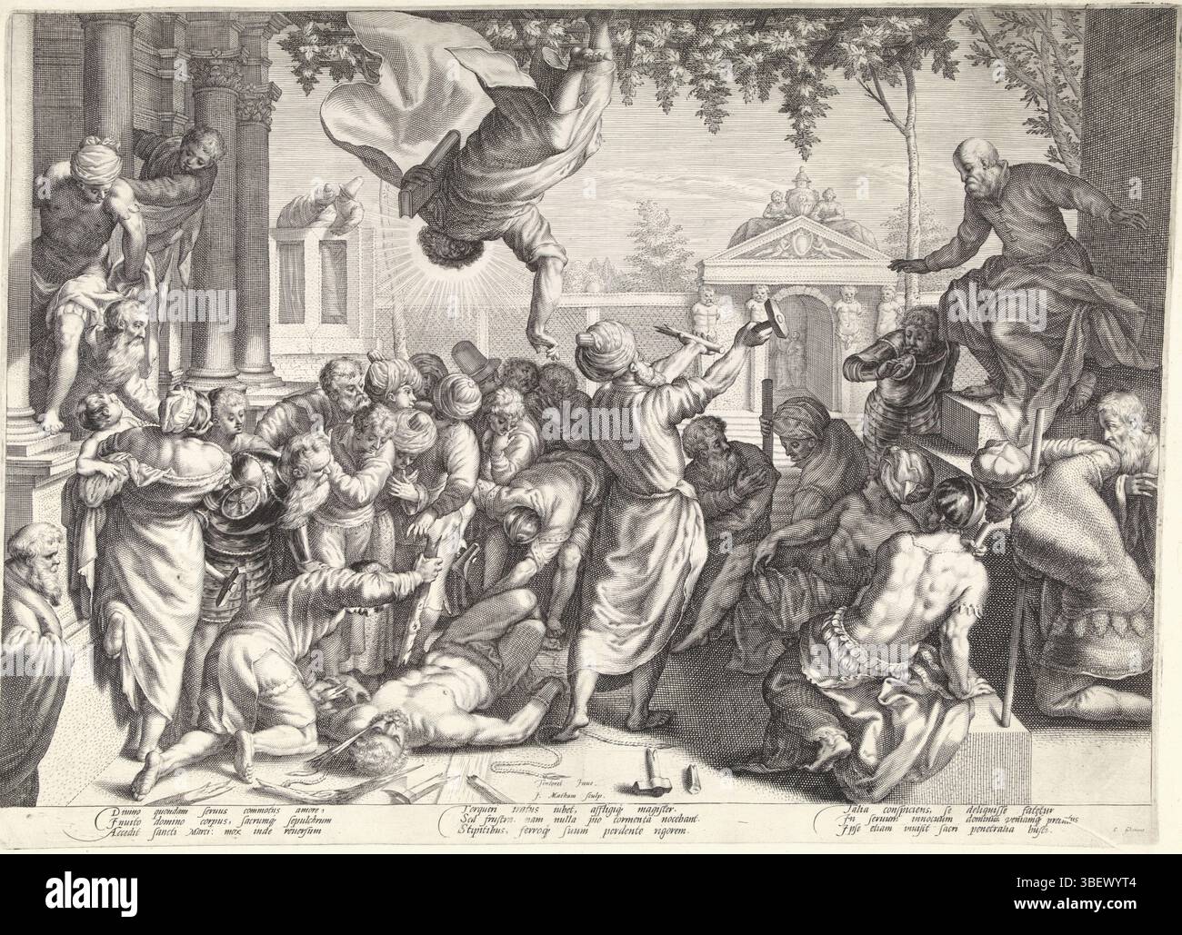 Schönäus, Cornelius, Tintoretto, Jacopo, Italien, Matham, Jakob, Marcus rettet einen Sklaven vor seiner Folter, Vers unter - gestempelt, der Evangelist Marcus kommt vom Himmel und rettet einen Sklaven vor seiner Folter. Die Instrumente seiner Folter brechen., Druck, Höhe 427 mm, Breite 588 mm, Noord-Nederlands, 15.10.1571, 1631.01.20, Druckerei, 1593.1597, Papier, Gravur, Gravur (Druckverfahren), Italienisch, 1519 - 1594, nach, nach dem Anstreichen von 1541 - 23.11.1611, Autor Stockfoto