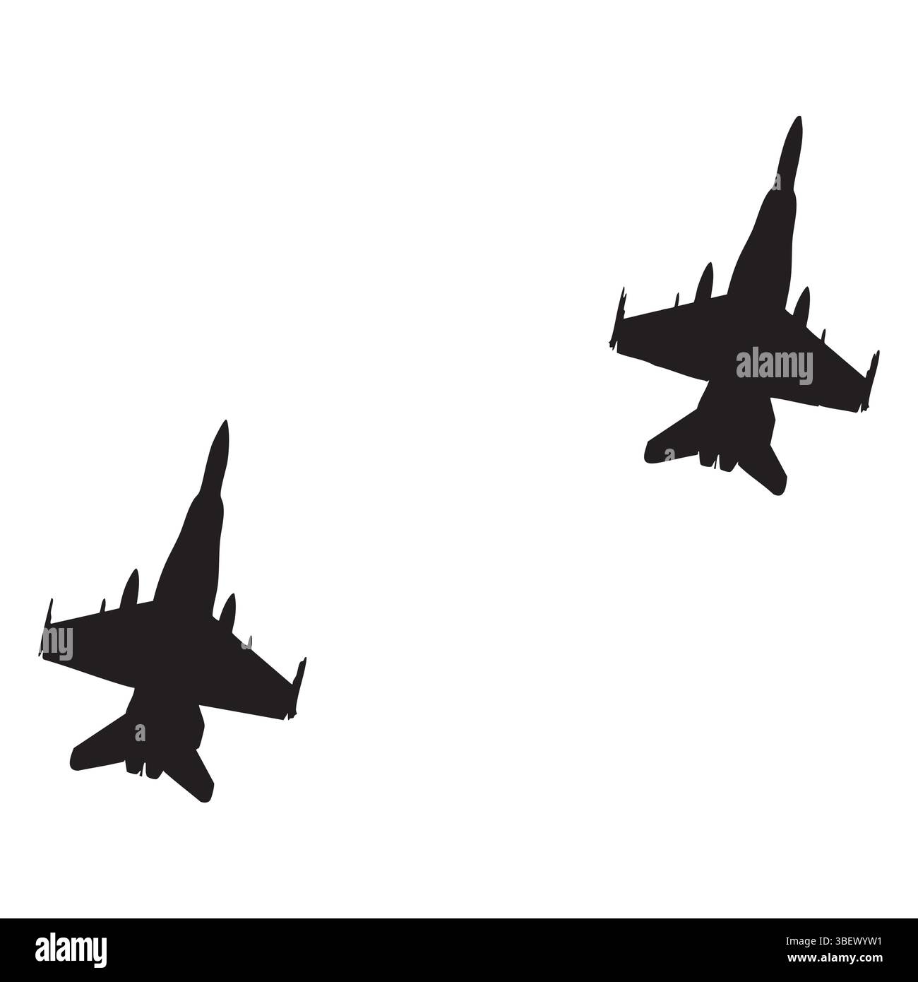 Zwei Military Fighter Jet Silhouetten fliegen in Formation isoliert auf weißem Hintergrund Stock Vektor