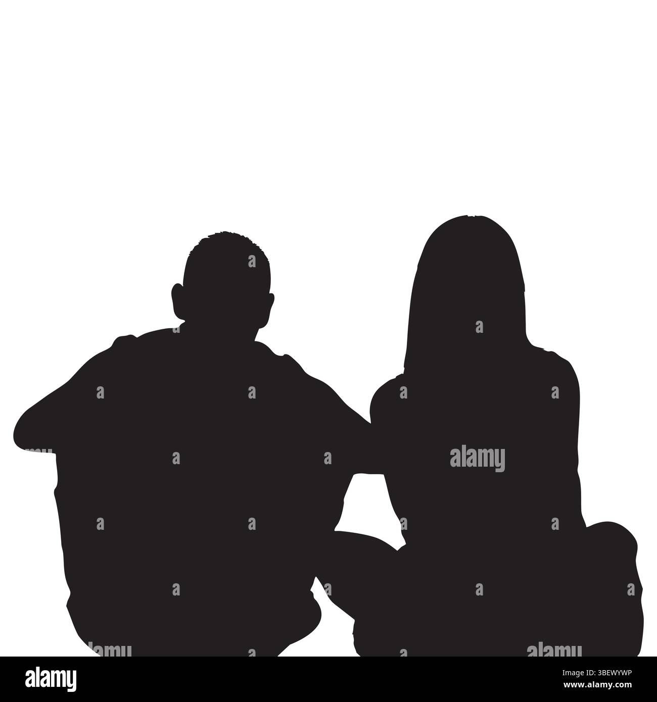 Silhouette von Mann und Frau, die nebeneinander auf weißem Hintergrund sitzen Stock Vektor