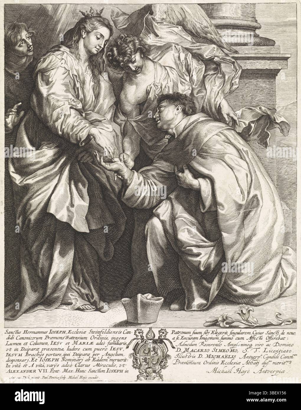 Antwerpen, Haye, Michel, Dyck, Anthony van, Antwerpen, Pontius, Paulus, Vision von H. Hermann Joseph (Version b), rückwärts links unten - gestempelt, die gekrönte Jungfrau Maria erscheint bei Hermann Joseph von Steinfeld. Sie wird von zwei Engeln flankiert. Im Vordergrund die Biretta des heiligen und sein Attribut die Rose. Am Rand ein Wappen und eine Unterschrift, in zwei Spalten, in lateinischer Sprache, gedruckt, Höhe 331 mm, Breite 262 mm, Südholländisch, 1603 - 1658-01-16, Druckmaschine, 1616 - 1657, Papier, Gravur, Gravur (Druckverfahren), Flämisch, Niederländisch, 22.03.1599 1641, nach dem Malen, Veröffentlichung (Eva Stockfoto