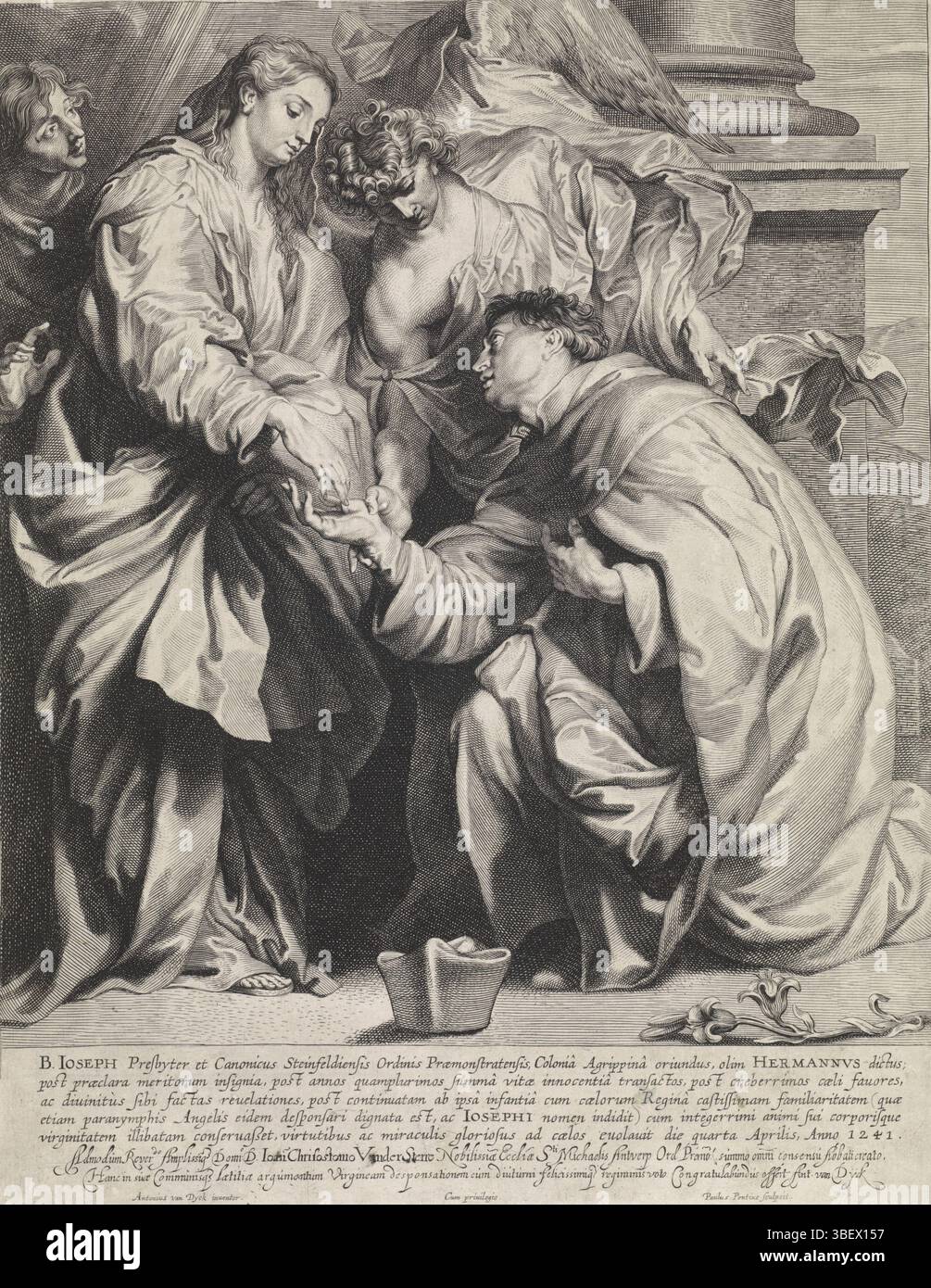 Unbekannt, Dyck, Anthony van, Antwerpen, Pontius, Paulus, Vision von H. Hermann Joseph (Version A), unbekannt, rückwärts links unten - gestempelt, die Jungfrau Maria erscheint dem heiligen Hermann Joseph von Steinfeld. Sie wird von zwei Engeln flankiert. Im Vordergrund die Biretta des heiligen und sein Attribut die Rose. Am Rand eine fünfzeilige Beschriftung und eine zweizeilige Zuordnung in lateinischer Sprache., Druck, Höhe 331 mm, Breite 262 mm, Südholländisch, 1603 - 1658-01-16, Druckerei, 1616 - 1657, Papier, Gravur, Gravur (Druckverfahren), Flämisch, Niederländisch, 22.03.1599, 1641-12-09, danach, Malerei von, Lieferant von Privilegien Stockfoto