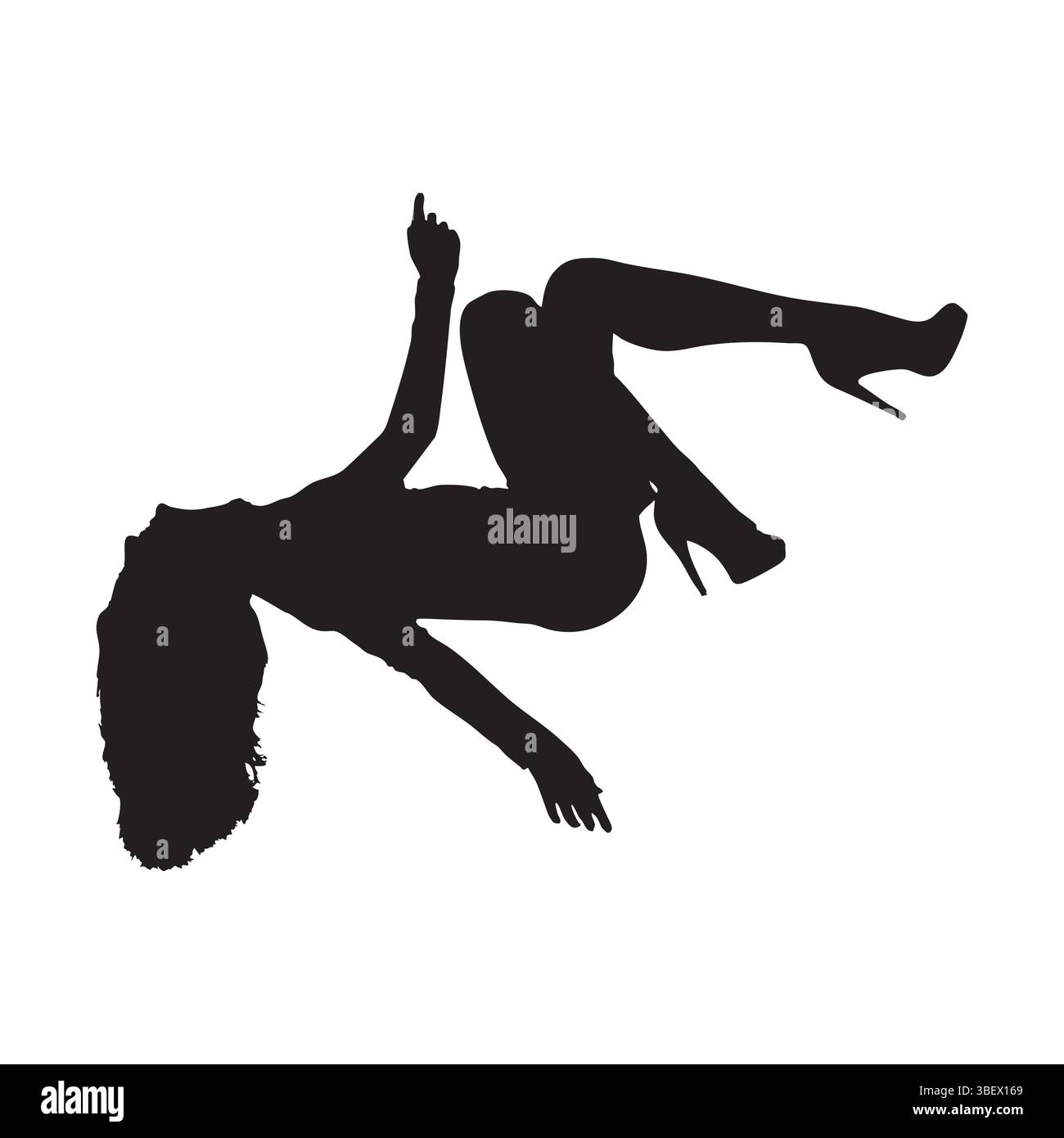 Silhouette einer Frau, die in High Heels liegt und nach oben zeigt, mit weißem Hintergrund. Stock Vektor