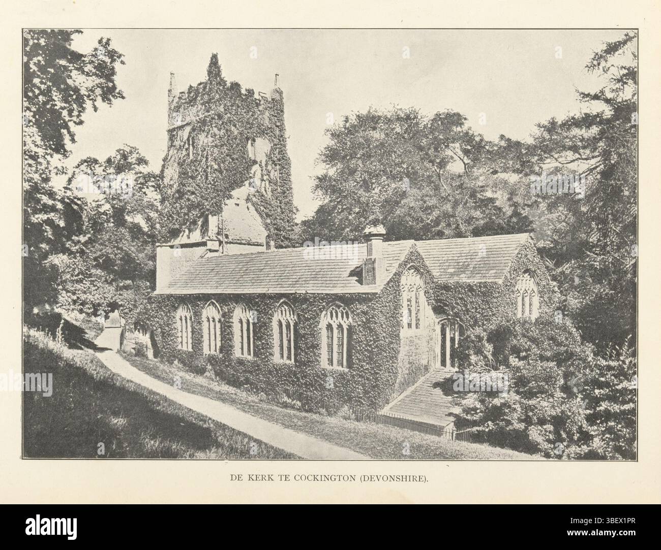 Die Kirche in Cockington (Devonshire), Ansicht der Kirche in Cockington in Devon, England, fotomechanischer Druck, Seite, Fotos, fotografische illustrierte Bücher, Höhe 140 mm, Breite 199 mm, Maker, 1901 - 1906, Papier, Autom. Papiereinzug Stockfoto