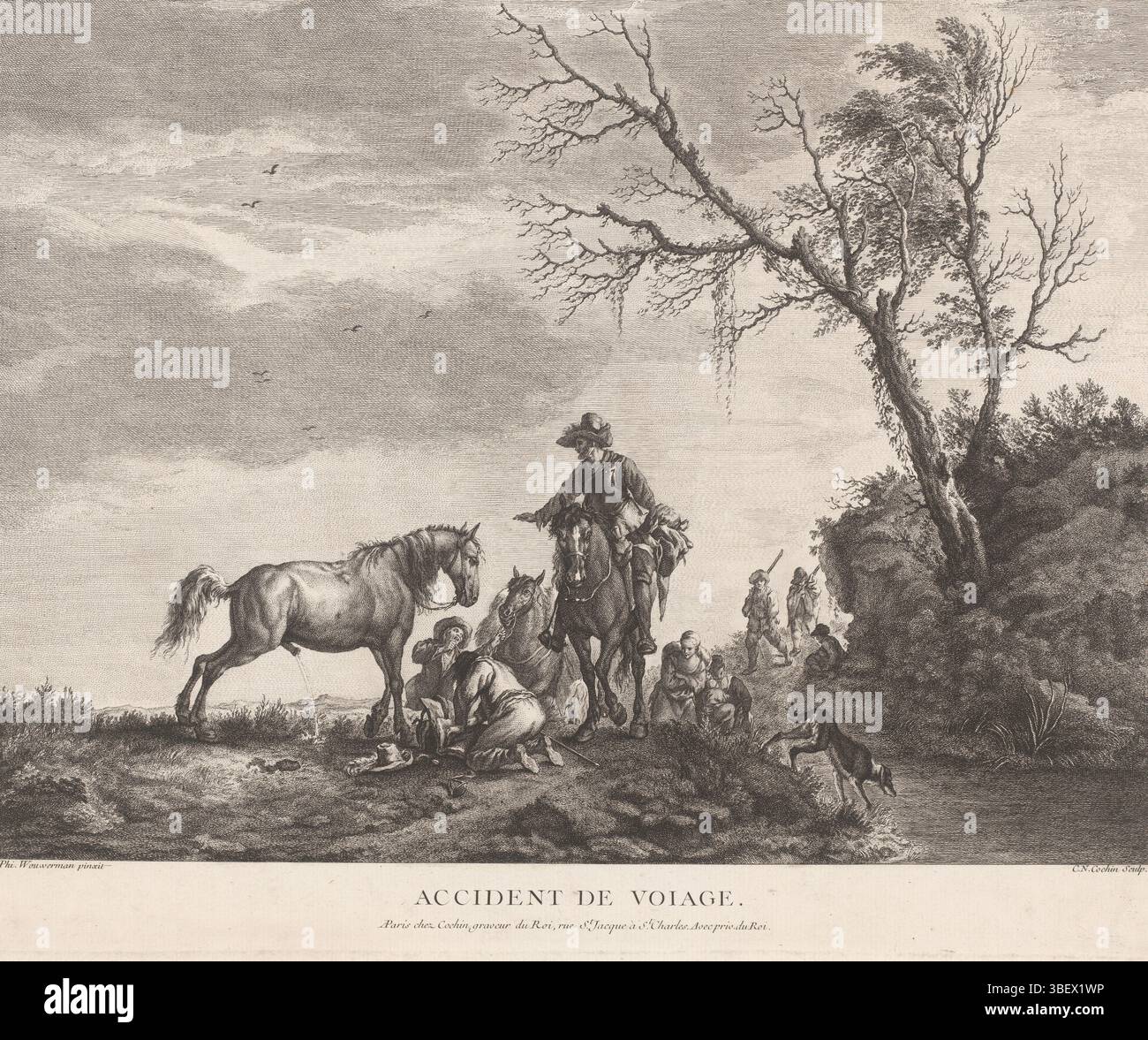 Ludwig XV. (König von Frankreich), Paris, Cochin, Charles Nicolas (II), Unfall de Voyage., Reisende während einer Verspätung, Frankreich, rückseitig - gestempelt, bedruckt, Höhe 343 mm, Breite 427 mm, Französisch, 1715 - 1790-04-29, Drucker, 1744 - 1744, Papier, Ätzen, Gravieren, Gravieren (Druckverfahren), 29. April 1688 - 1754-07-05, Noord-Nederlands, 24. 05. 1619 - 19. 05. 1668, nach Malerei, Publikation (Ereignis), Publikation, Herausgeber, 1710-02-15-10-10, Rek. Stockfoto