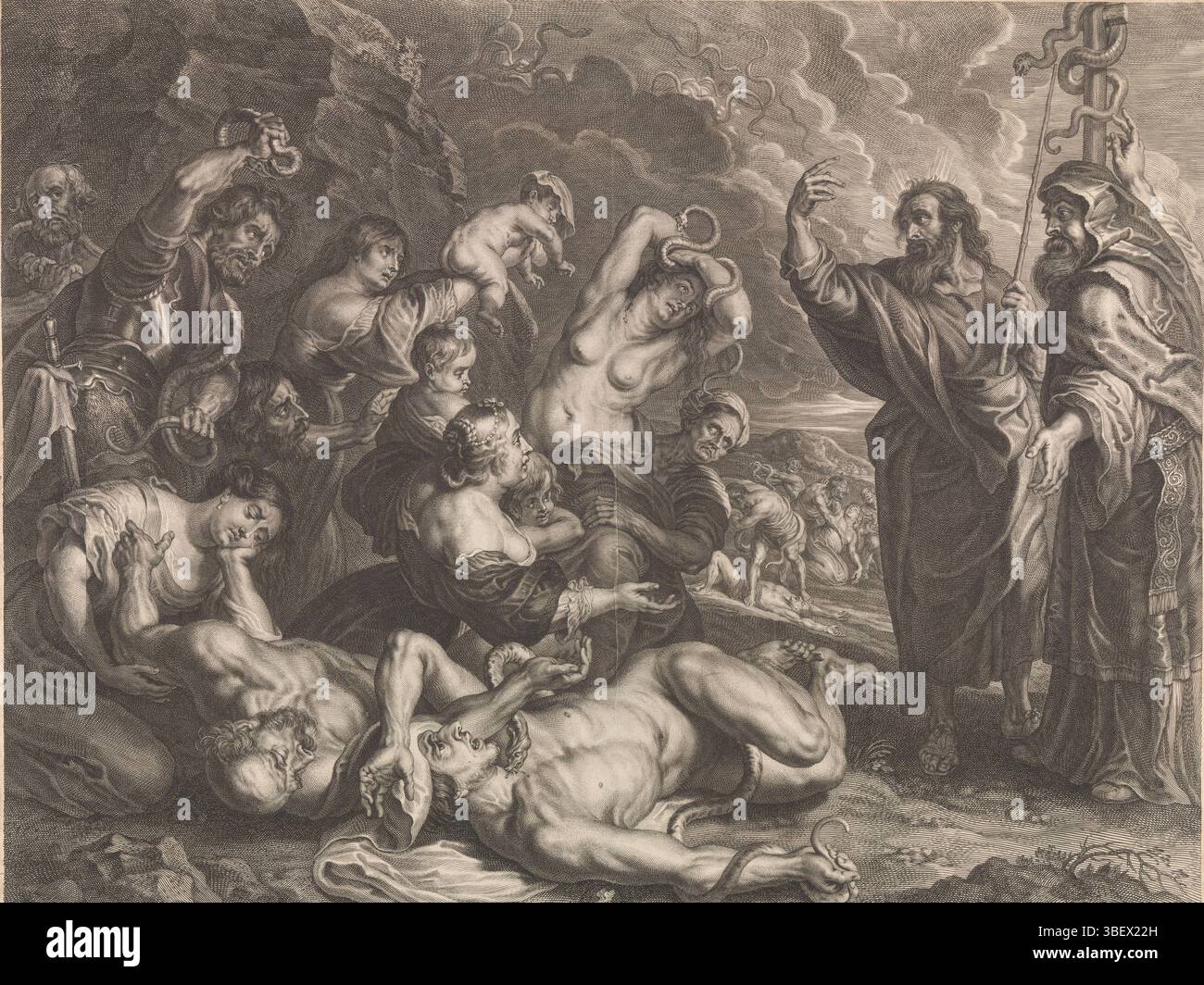 Huybrechts, Gaspar, Rubens, Peter Paul, Bolswert, Schelte Adamsz., die Gründung der Kupferschlange, die Gründung der Kupferschlange. Und Aaron und Moses stehen auf der rechten Seite der Schlange aus Messing, die auf einem Pfahl befestigt ist. Männer, Frauen und Kinder, die von giftigen Schlangen gebissen werden, sehen die Kupferschlange an, um am Leben zu bleiben. Unter der Darstellung der Titel in lateinischer Sprache und ein Verweis auf den Bibeltext in Num. 21., Druck, Höhe 473 mm, Breite 606 mm, South-Nederlands, 1586 - 1659-12-12, Druckerei, 1596 - 1659, Papier, Gravur, Gravur (Druckverfahren), Süd-Niederländisch, 28. Juni 1577 - 1640-05-30, af Stockfoto