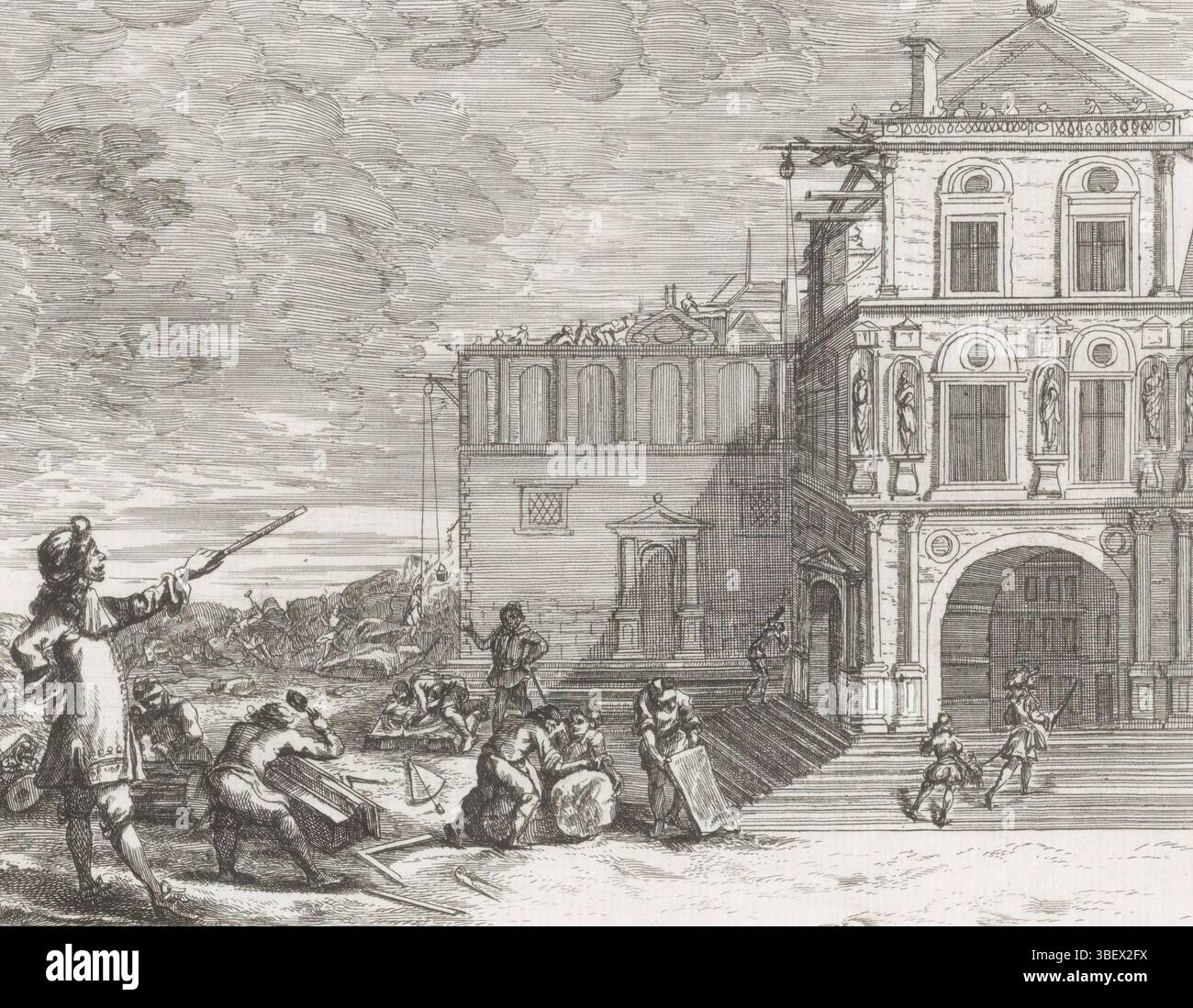 Augsburg, Küsel, Mathäus, Freie Künste, Architektur, Augsburg, verso - gestempelt, Baustelle einer Kirche. Ein Mann gibt seinen Angestellten Hinweise. An mehreren Stellen werden Materialien auf das Dach der Kirche gerissen. Unter der Aufführung vier Textzeilen in lateinischer Sprache. Der Druck ist Teil eines Albums., Druck, Albumblatt, Ausdrucke, Höhe 135 mm, Breite 161 mm, Deutsch, 1629-02-12-1681, Drucker, 1680-1680, Papier, Ätzen, Ätzen Stockfoto