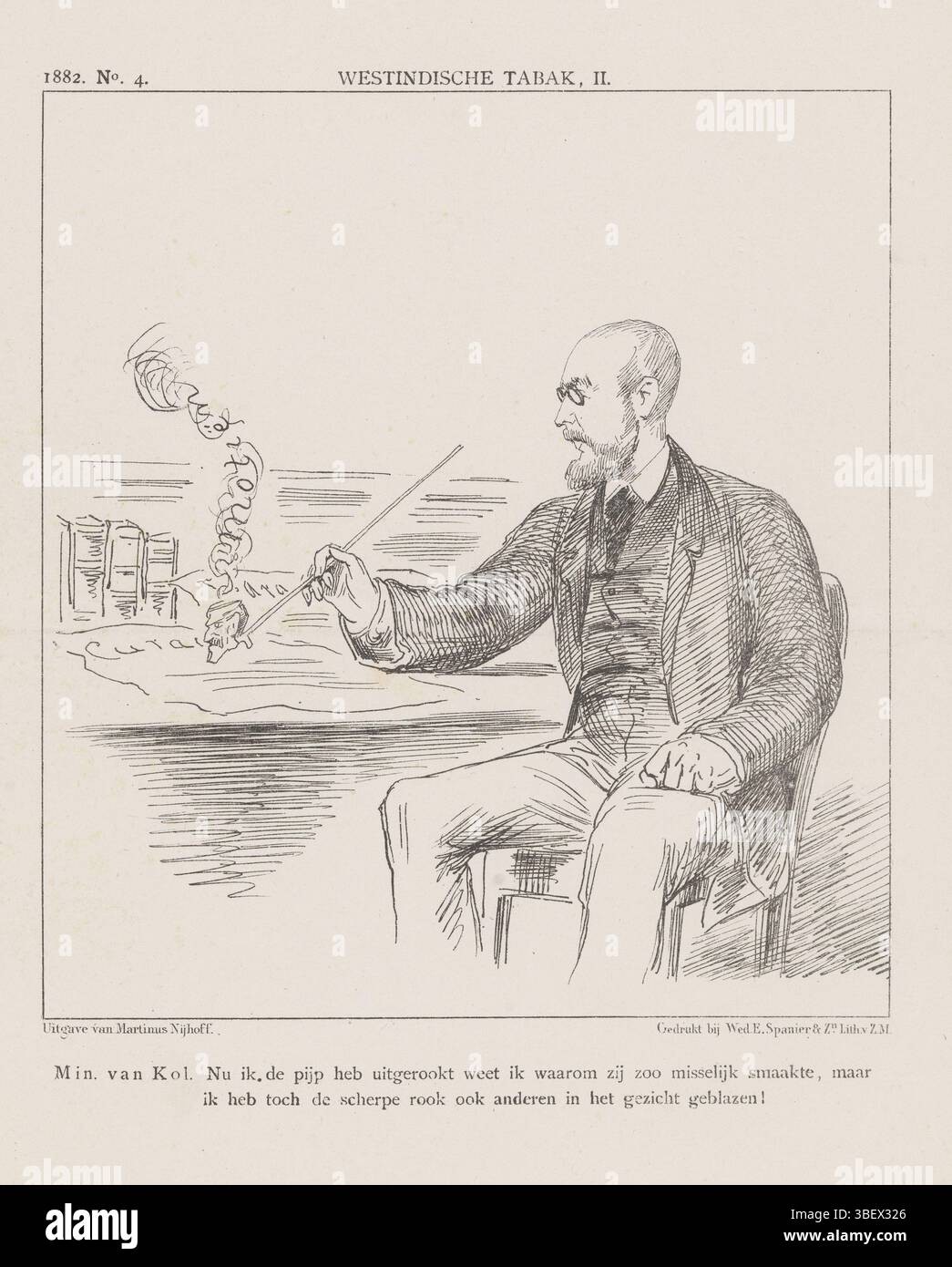 Haag, Nijhoff, Martinus, Niederlande, Spanier & Zn, Witwe Elias, Schmidt Crans, Johan Michaël, Westindianischer Tabak, II, politischer Zeichentrick über Westindien, 1882, den Haag, Niederlande, politischer Zeichentrick, in dem der Kolonieminister eine Pfeife mit Westindien-Tabak raucht. Plate erschien im Wochenmagazin de Nederlandsche Spectator, Nr. 4, 1882., Druck, Frederik Müller Historyplaten, Höhe 275 mm, Breite 215 mm, Nederlands, 1830-04-30-1907-11-14, Printmaker, 1882-1882, Papier, Lithografie (Technik), Drucker, Publikation (Ereignis), Publikation, 26.12.1826, 24.09.1894, Publi Stockfoto