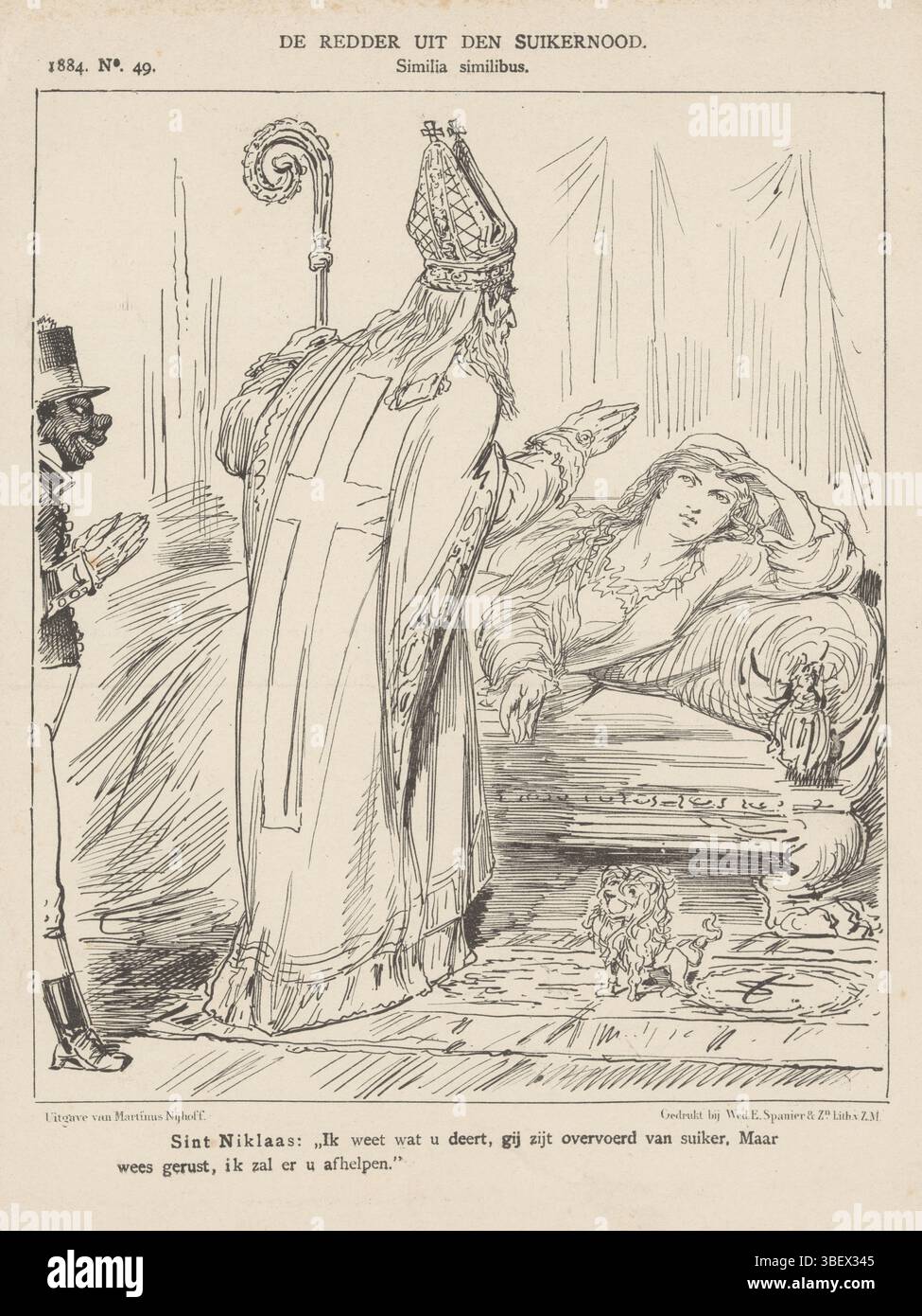 Haag, Nijhoff, Martinus, Niederlande, Spanier & Zn, Witwe Elias, Schmidt Crans, Johan Michaël, de Retter uit den zielood, Spotprent over de zielood, 1884, The Haag, Niederlande, Spotprent over de zielood: Sinterklaas und Zwarte Piet besuchen die kranke niederländische Jungfrau. Blatt veröffentlicht vom wöchentlichen de Nederlandsche Spectator, Nr. 49, 1884., Druck, Frederik Müller historische Platten, Höhe 275 mm, Breite 215 mm, Niederländisch, 30-04-30 - 1830 1907-11-14, Drucker, 1884 - 1884, Papier, Lithografie (Technik), Drucker, Publikation (Event), Publikation, Nederlands, 26. 12. 1826. 09. 24. 1894. Verlag Stockfoto