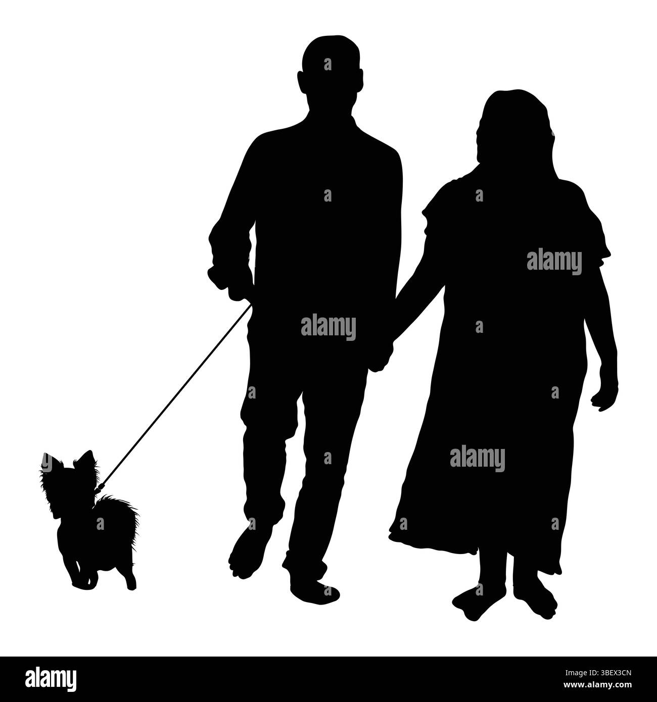 Silhouette eines Mannes und einer Frau, die Hände halten, laufender Hund an der Leine Stock Vektor