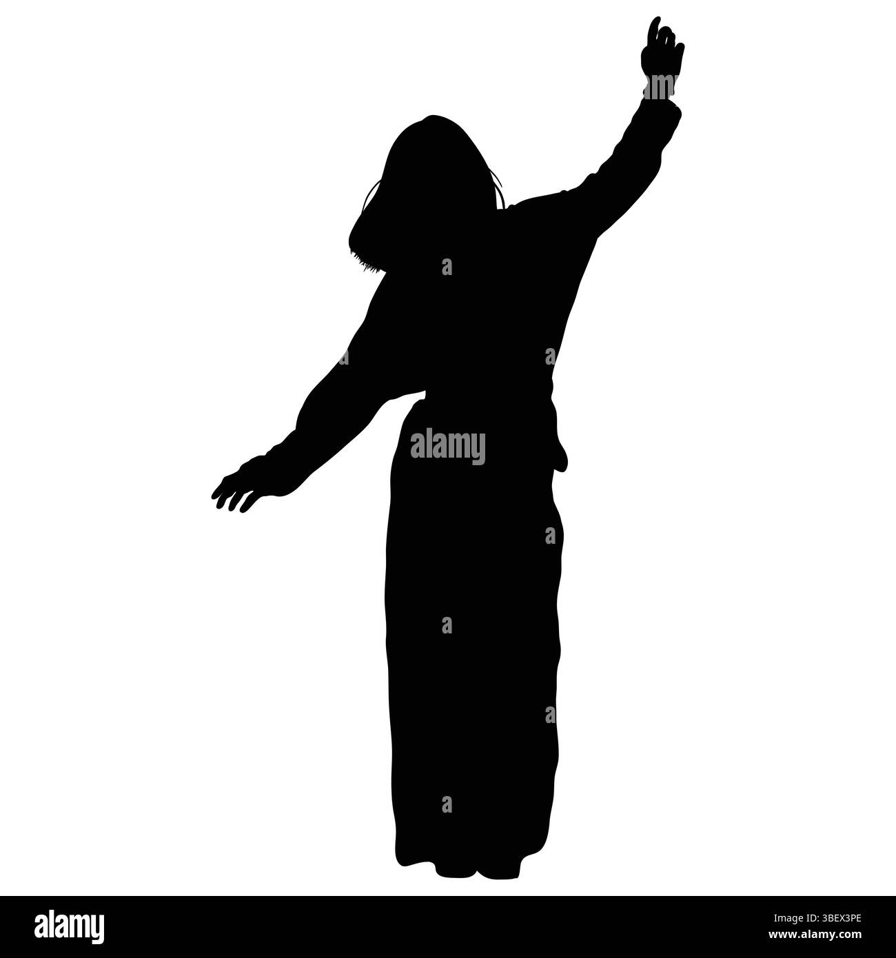 Silhouette einer Person mit ausgestreckten Armen, die nach vorne zeigt und einen langen Rock oder ein langes Kleid trägt. Stock Vektor