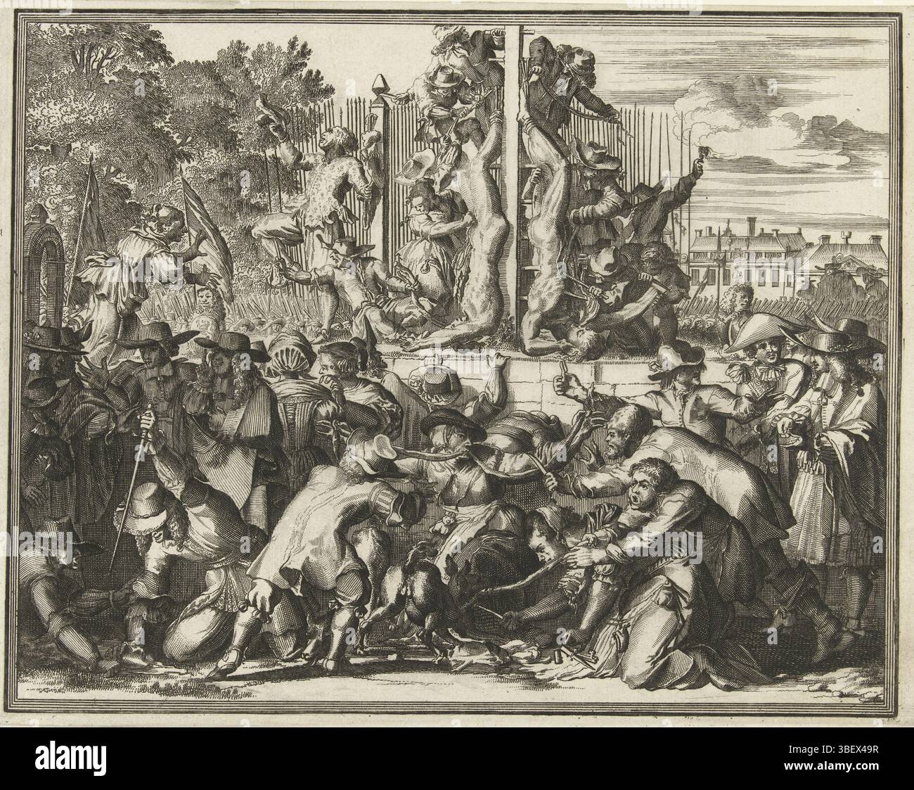 Niederlande, Hooghe, Romeyn de, Niederlande, Mord an den Brüdern de Witt, 1672, die verstümmelten Leichen der Brüder de Witt auf dem Gerüst, Druck, Höhe 156 mm, Breite 197 mm, Druckerei, drittes Viertel 17. Jahrhundert, Papier, Werkkonzeption, Noord-Nederlands, 10. September 1645 - 15. Juni 1708 Stockfoto