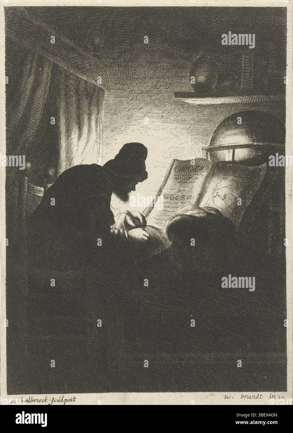 Brandt, W., unbekannt, Heylbroeck, Michael, Schreibmann bei Kerzenlicht, rückseitig gestempelt, Druck, Höhe 184 mm, Breite 131 mm, 1635 - 1733, Druckmaschine, 1645 - 1733, Papier, Ätzen, Arbeitskonzept Stockfoto