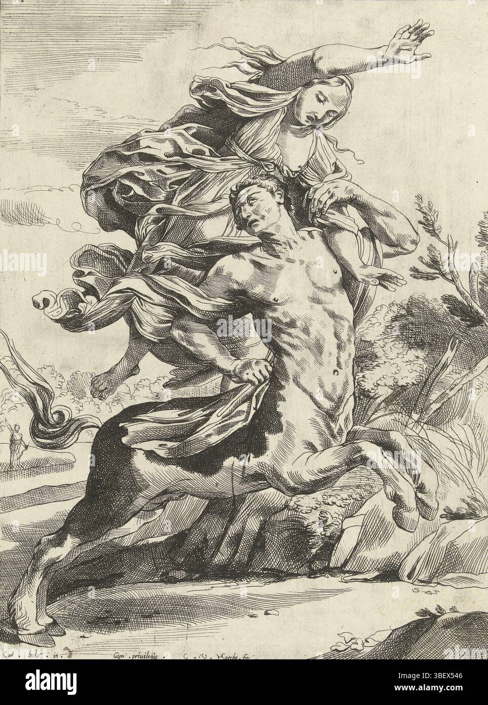 Giambologna, Antwerpen, Haecht, Willem van (II), Entführung von Deianira durch Nessus, rechts unten - gestempelt, der Zentaur Nessus ist bereit, mit Deianira über seinen Schultern wegzugaloppieren. Im Hintergrund ist Herkules am Flussufer, wo Nessus ihn gerade abgesetzt hat. In seiner Hand hat er einen Bogen. Auf dem Rücken von Nessus läuft ein Blutstrahl, mit der rechten Hand zieht er den Pfeil, den Herkules in den Rücken geschossen hat., Druck, Höhe 280 mm, Breite 210 mm, Südholland (vor 1775), 7. 11. 1593. 1637. 07. 12., Druckerei, 1603. 1637., Papier, Ätzen, Work Conception, Italienisch, 1524 - 13. August 1608 Stockfoto
