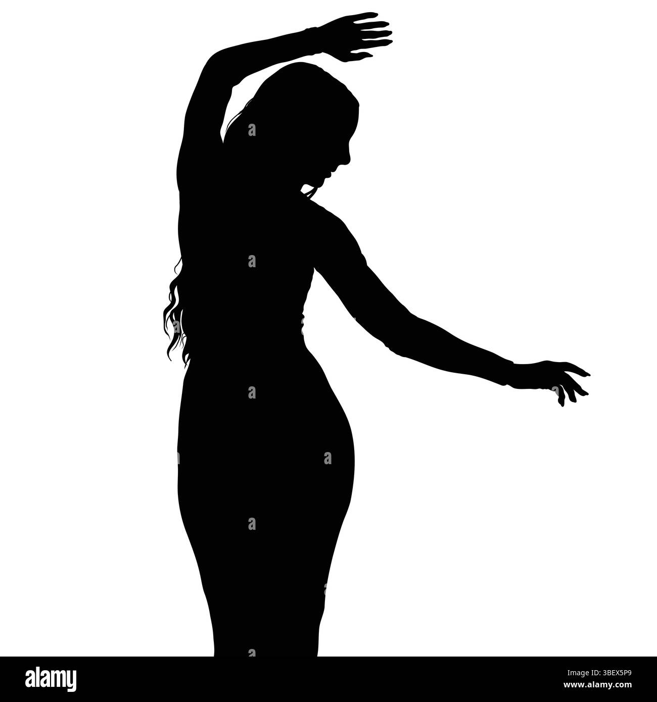 Silhouette einer Frau, die anmutig mit erhobenen Armen greift, Bewegung und Ausdruck verkörpert. Stock Vektor
