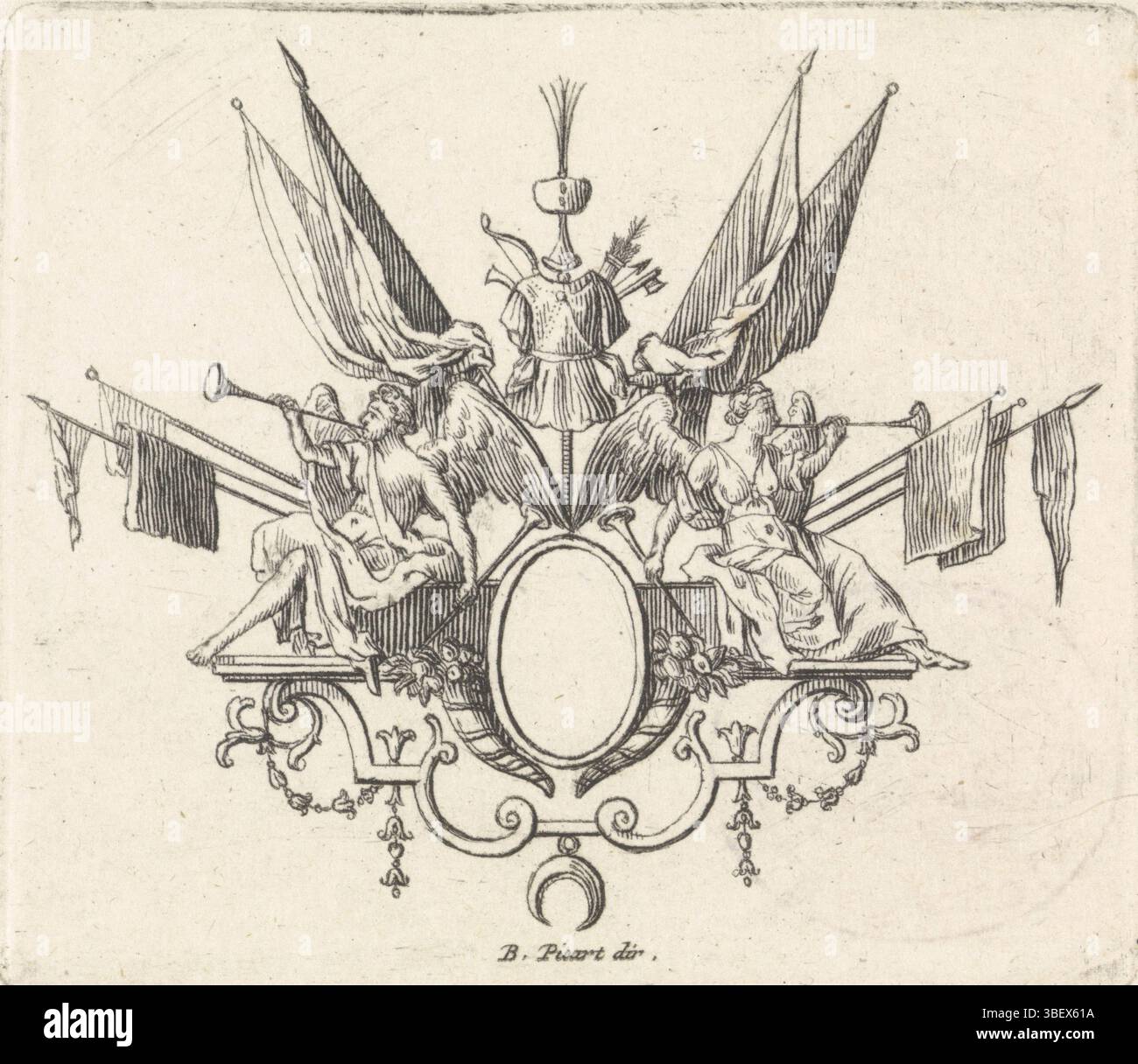 Picart, Bernard, Amsterdam, Picart, Waffentrophäe mit Faam, verso - gestempelt, Eine männliche und weibliche Personifikation von Faam blasen die Lobpreistrompete mitten in Banner und Gurtzeug. Oben auf einem türkischen Kopfdeckel und unten auf dem türkischen Halbmond, Druck, Ornamentdrucke, Drucke, Höhe 67 mm, Breite 78 mm, North-Nederlands, 1673-06-11-1733-05-08, Druckmaschine, 1683-1733, viertes Viertel 17. Jahrhundert, erstes Viertel 18. Jahrhundert, zweites Viertel 18. Jahrhundert, Papier, Ätzung, Gravur, Gravur (Druckverfahren), Nord-Niederlande, Aufsicht Stockfoto