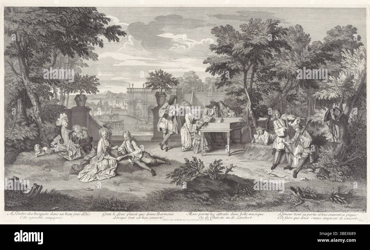 Paris, Duchange, Gaspard, Paris, Picart, Bernard, Gartenkonzert, Verso - gestempelt, Ein Konzert unter freiem Himmel. Es gibt zwei Paare auf der linken Seite. Unten im Rand Verse auf Französisch., Druck, Höhe 304 mm, Breite 510 mm, Noord-Nederlands, 11.06.1673 - 08.05.1733, Druckerei, 1709 - 1709, 1. Quartal 18. Jahrhundert, Papier, Ätzen, Gravieren, Gravieren (Druckverfahren), Nord-Niederlande, zwischengeschalteter Dragtsman, durch Zeichnung, Publikation (Veranstaltung), Publikation, Verlag, Verlag, 1662-04 - 1757-01-06, Verlag Stockfoto