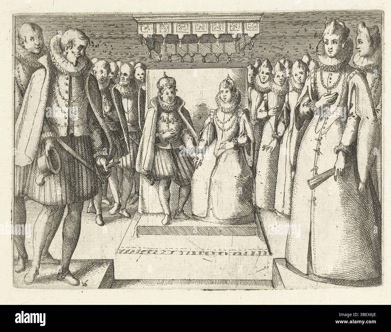 Florenz, Callot, Jacques, Unterhalt der Margaretha von Österreich mit Philipp III., vero links unten - gestempelt, Ein Mann und eine Frau auf dem Thron (Filips III. Und Margaretha von Österreich?), flankiert von einer Gruppe männlicher Höflinge (vor Philipp III.?) Und eine Gruppe weiblicher Höflinge (Vorderseite von Margaretha von Österreich?)., Druck, Höhe 130 mm, Breite 173 mm, Französisch, 21. August 1592 - 24. März 1635, Druckerei, 1612 - 1612, 1. Quartal 17. Jahrhundert, Papier, Ätzen, Ätzen Stockfoto