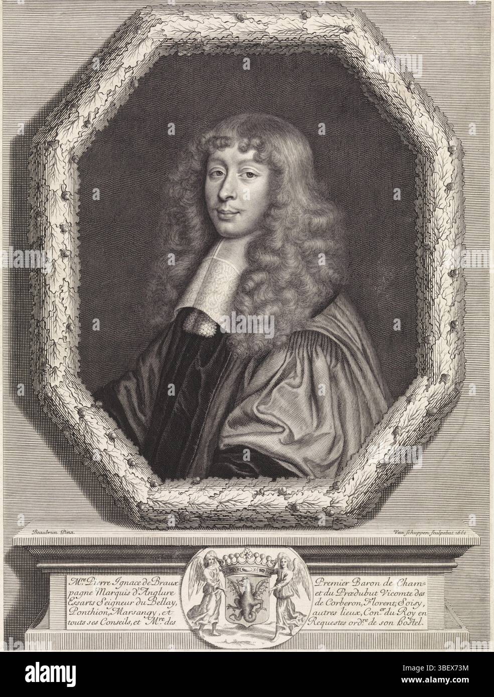 Beaubrun, Charles, Paris, Schuppen, Pieter van, Porträt von Pierre Ignace de Braux, frisch in der Mitte - gestempelt, erster Baron der Champagne, in einem Rahmen aus Eicheln und Eichenblättern. Auf dem Rattenstall befindet sich ein gekröntes Wappen, das von zwei Engeln gehalten wird. Auf beiden Seiten des Wappens fünf Textzeilen in französischer Sprache mit Namen und Titeln. Druck, Höhe 359 mm, Breite 271 mm, Französisch, Südholländisch, 05.09.1627, 1702-03-07, Druckerei, 1661-1661, Papier, Gravur, Gravur (Druckverfahren), Ätzen, 16. Januar 1604 - 1692 Stockfoto