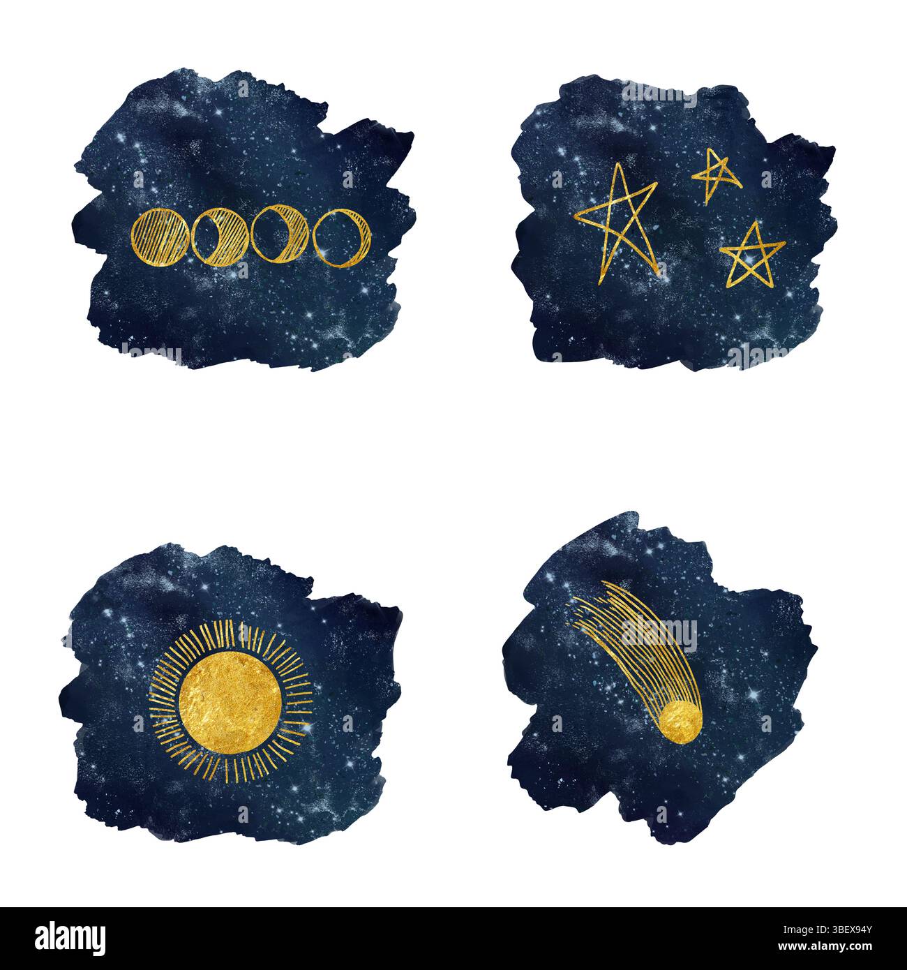 Goldene Symbole von Himmelskörpern auf dem Hintergrund des Sternenhimmels. Aquarellabbildung. Die Symbole der Phasen des Mondes, Kometen, Sonne, an Stockfoto