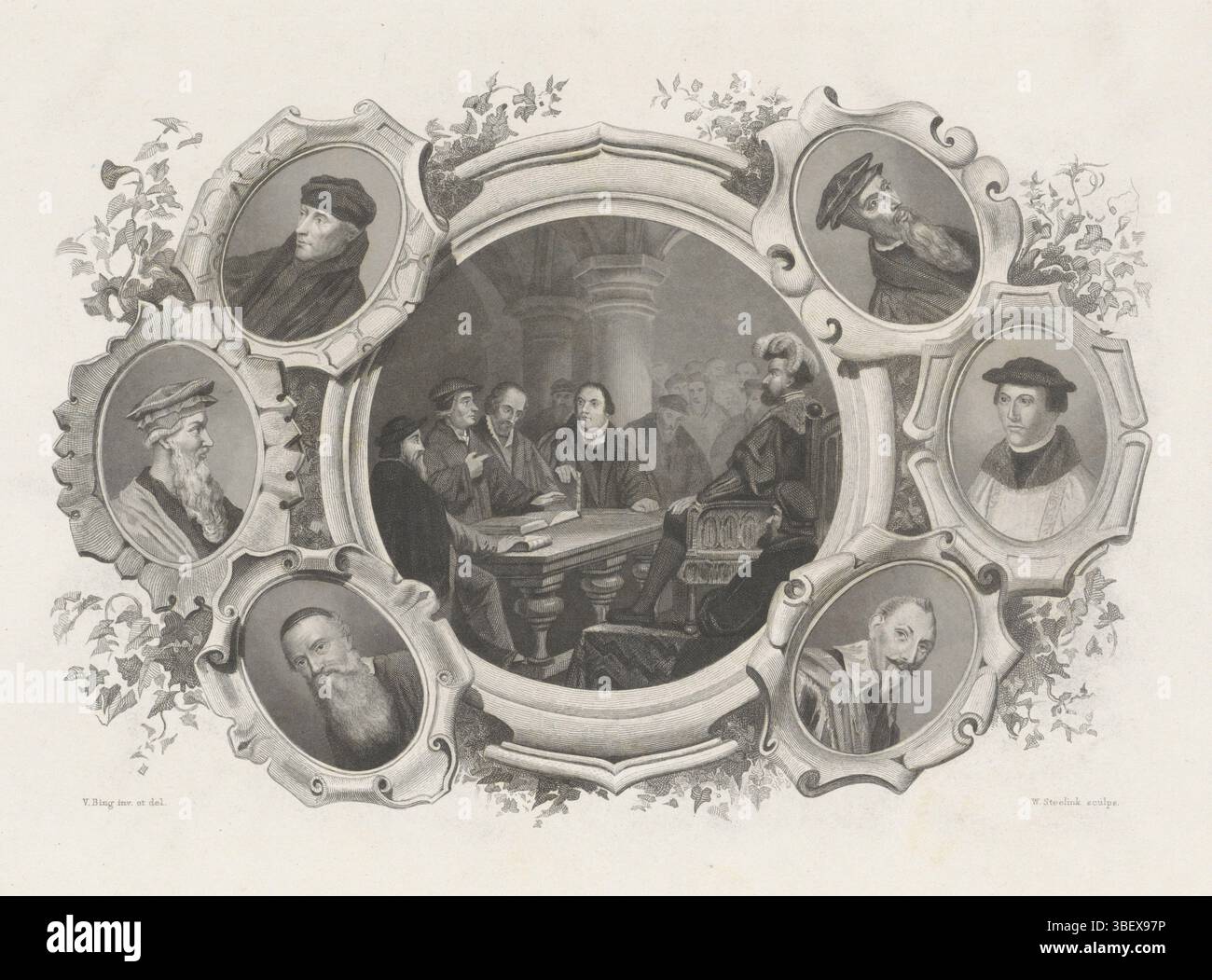 Bing, Valentijn, Amsterdam, Steelink, Willem (I), Luthers Kolloquium in Marburg, 1529, verso - geprägt, während des Kolloquiums in Marburg, zwischen dem 1-4. Oktober 1529 diskutieren die Reformatoren Luther und Zwingli über die wahre Bedeutung des Sakraments. Am Tisch auch Melanchthon, rechts Philips Landgraf von Hessen auf einer Art Thron. Zu dieser Performance sechs Porträts der Reformatoren: Calvin, Merula, Gustaaf Adolf, Menno Simons, Jan Laski, und Erasmus., Print, Höhe 190 mm, Breite 278 mm, Niederländisch, 30.04.1826, 1913-08-03, Druckerei, 1854-1856, Papier, Gravur, Gravur (Druckverfahren), Etschi Stockfoto