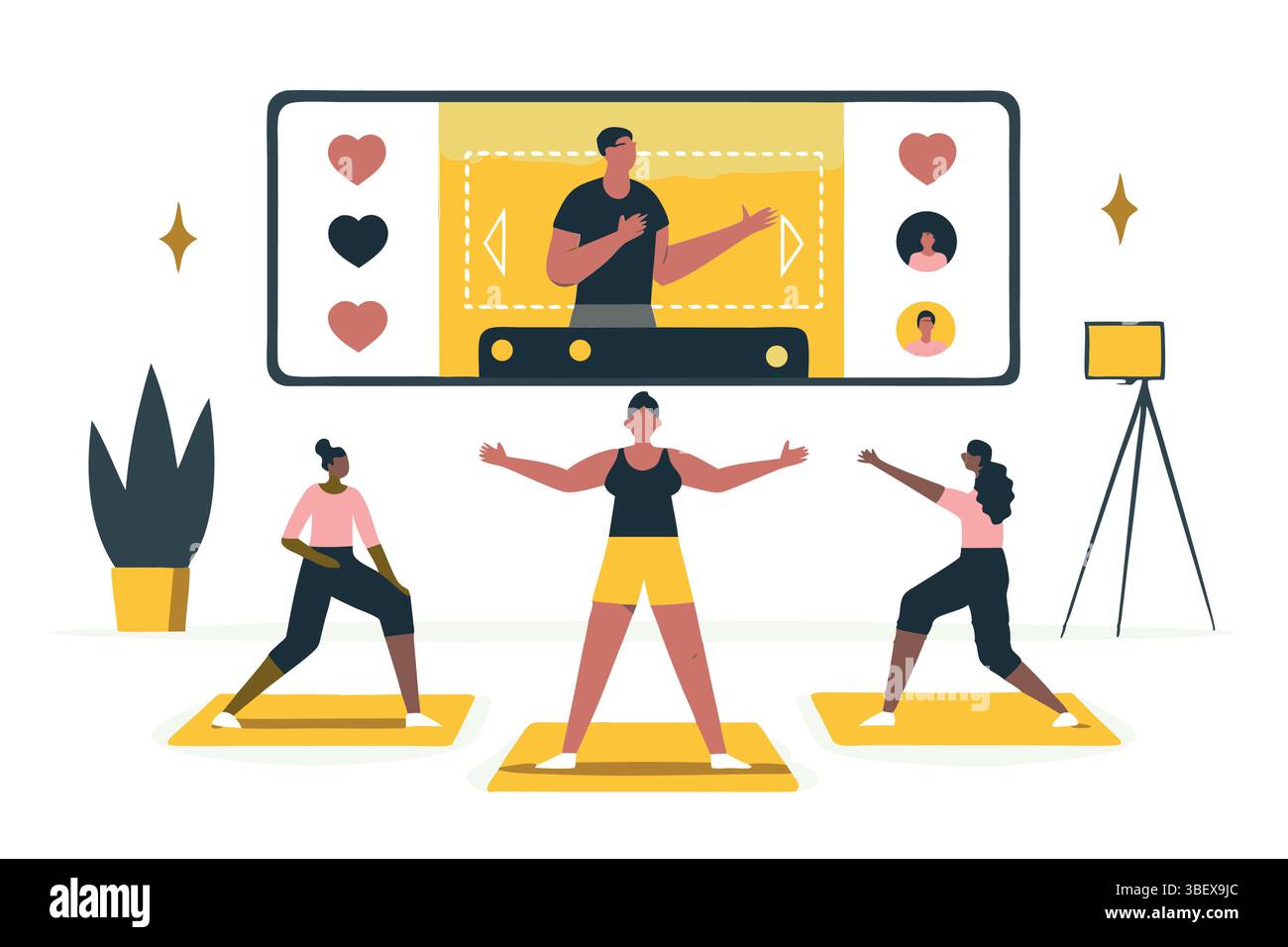 Virtuelle Fitnessfreunde werden Freude an Online-Workout-Kursen haben, die die Community mit lebendigen Vektorgrafiken verbessern Stock Vektor