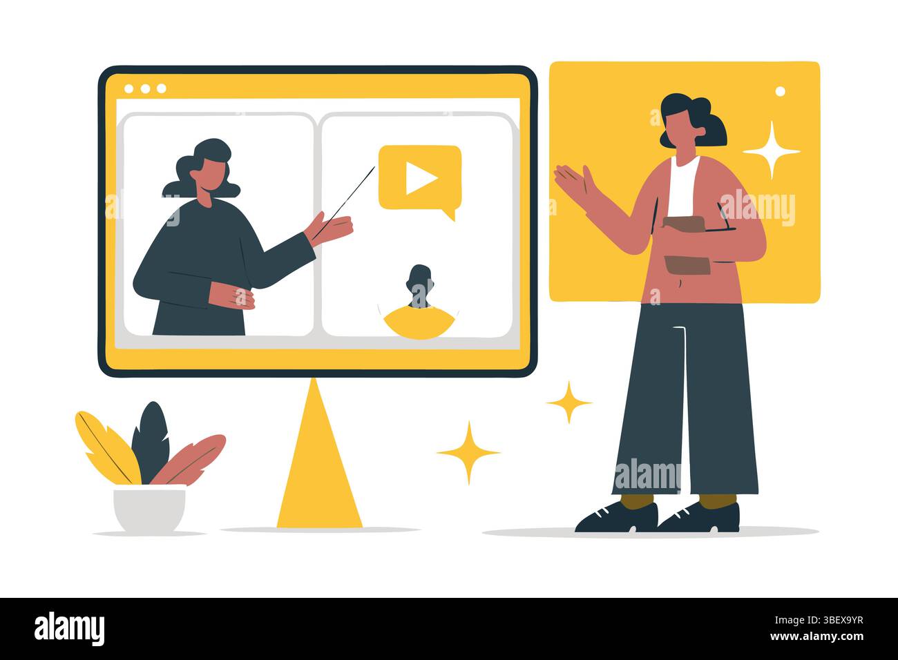 Der interaktive Online-Tutor führt die Schüler durch eine dynamische virtuelle Lektion mit interaktiven Video-Tutorials in flachen Vektoren Stock Vektor