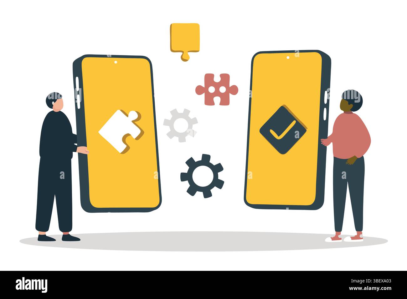 Teamwork-Technologie Problemlösungen finden Lösungen mit App-Entwicklung und Mobile-Verbindung digitale Innovation und Stock Vektor