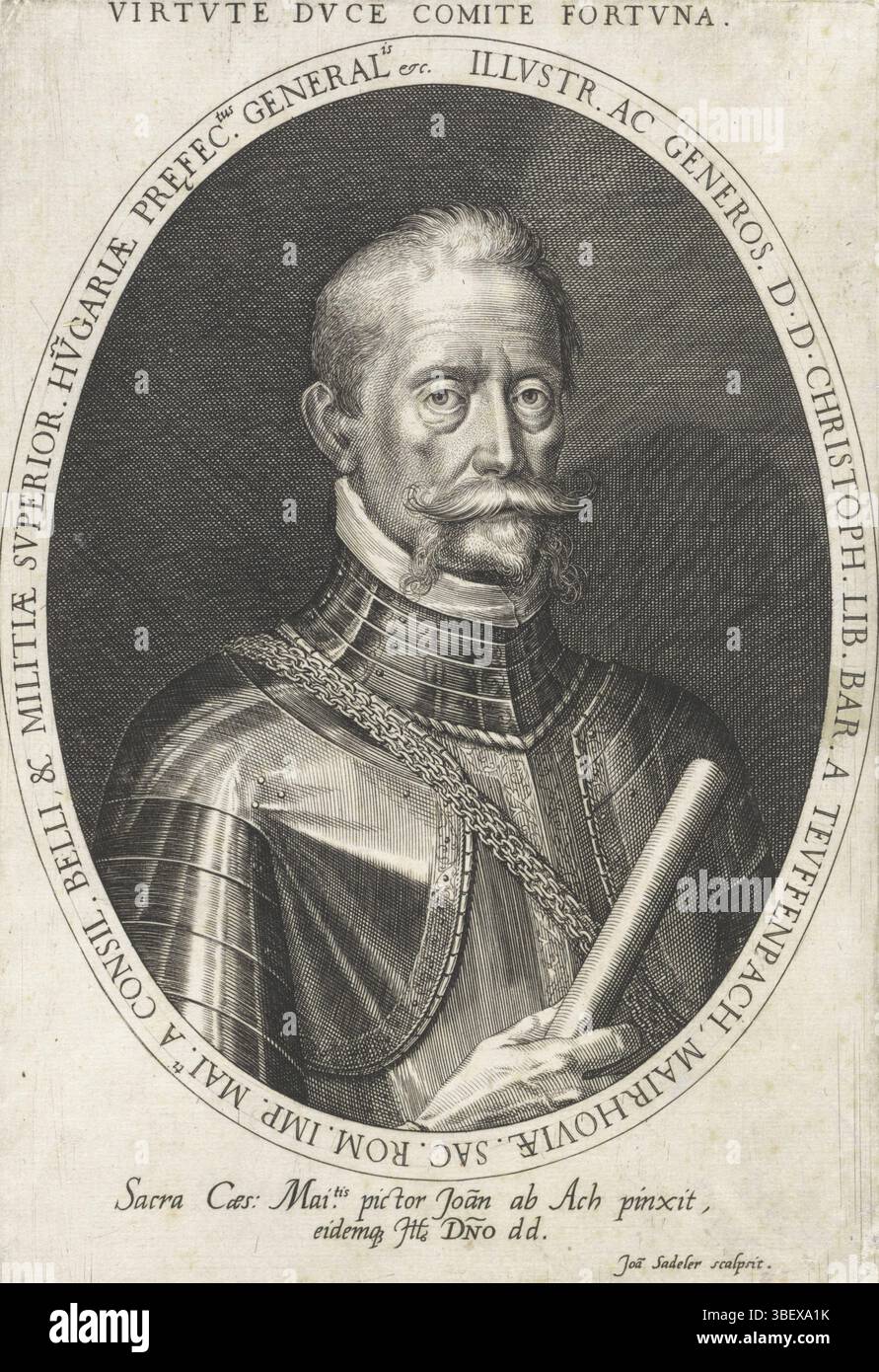 Aachen, Hans von, Sadeler, Johann (I), Porträt von Christopher von Tiefenbach, hinten links – gestempelt, Christopher van Tiefenbach, Freiherr von Tiefenbach-Mayrhofen und Kommandeur der Reichsarmee während des Krieges gegen die Osmanen. Büste rechts, gepanzert, mit dem Schlagstock in der rechten Hand. Porträt in Oval mit Randbeschriftung., Druck, Höhe 185 mm, Breite 130 mm, Zuid-Nederlands, 1550 - 1600-08, Druckerei, 1593 - 1598, Papier, Gravur, Gravur (Druckverfahren), Deutsch, 1552 - 06.1616 Stockfoto