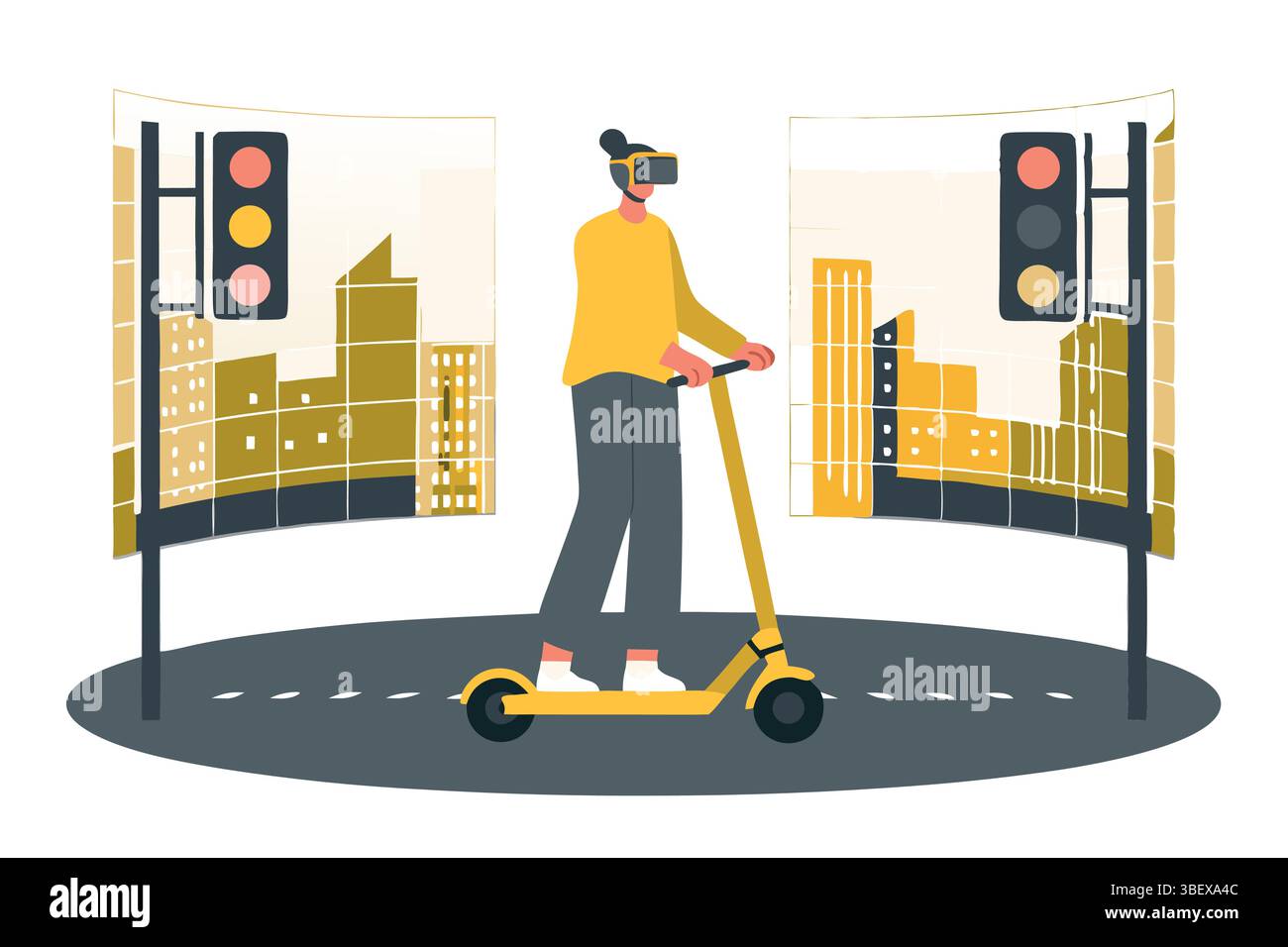 Erleben Sie das Stadtleben neu mit einem VR-Roller und tauchen Sie ein in simulierte Stadterkundungen und verbessern Sie das Reisen mit digitaler Technologie Stock Vektor
