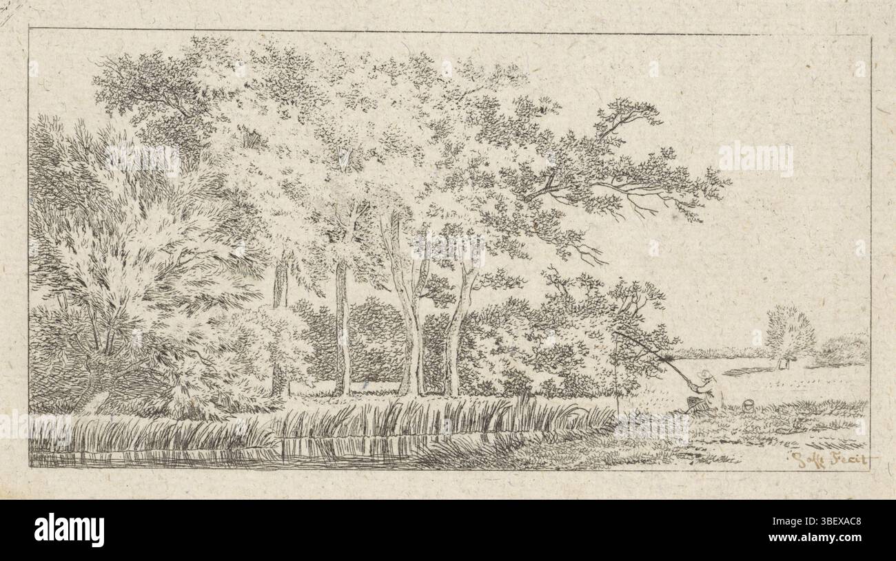 Amsterdam, Safft, Johan Christiaan Willem, Boomrijk Flusslandschaft mit Fischer, Amsterdam, verso - gestempelt, Druck, Höhe 81 mm, Breite 147 mm, Niederländisch, 1778-10-04-1849-10-29, Druckmaschine, 1788-1849, Papier, Ätzen, Ätzen Stockfoto