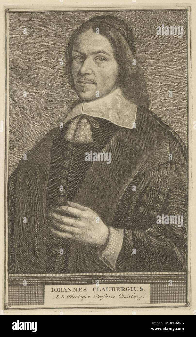 Pfeffer, Johann Kaspar, Haarlem, Suyderhoef, Jonas, Porträt von Johannes Clauberg, verso-gestempelt, Professor für Theologie und Philosophie an der von ihm gegründeten ersten Universität Duisburg. Am Ende einer Rangliste sein Name und seine Funktion in lateinischer Sprache, Druck, Höhe 293 mm, Breite 181 mm, 1613 - 1686-05-09, Druckerei, 1655 - 1665, Papier, Gravur, Gravur (Druckverfahren), Ätzen, 1618, nach, nach dem Malen, 1687 - 1737 Stockfoto
