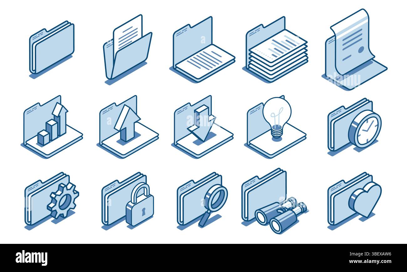 Isometrischer Vektor großer Satz von Ordnern lineare Symbole mit Dokument, in Farbe auf weißem Hintergrund, Designelement oder Papier mit Daten Stock Vektor