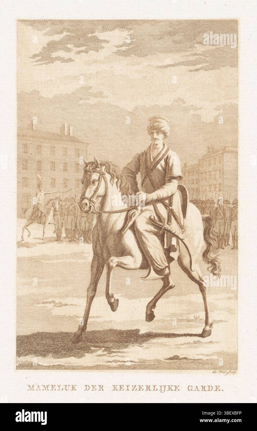 Haarlem, Weiß, Isaac Jansz. Die, Mameluk die Kaiserliche Garde, Mammeluk zu Pferd, Haarlem, verso gestempelt, türkischer Reiter, hinter ihm Soldaten. 1798 fiel Napoleon in Ägypten ein und besiegte die Mammeluks. Napoleon war beeindruckt von der Mammeluk-Kavallerie und bildete sein eigenes Mammeluk-Korps für die französische Kaiserarmee, Druck, Höhe 198 mm, Breite 138 mm, Nordholland, 9. Dezember 1744 1809 13. März 1798 1809, Papier, Ätzen, Farbdruck Stockfoto