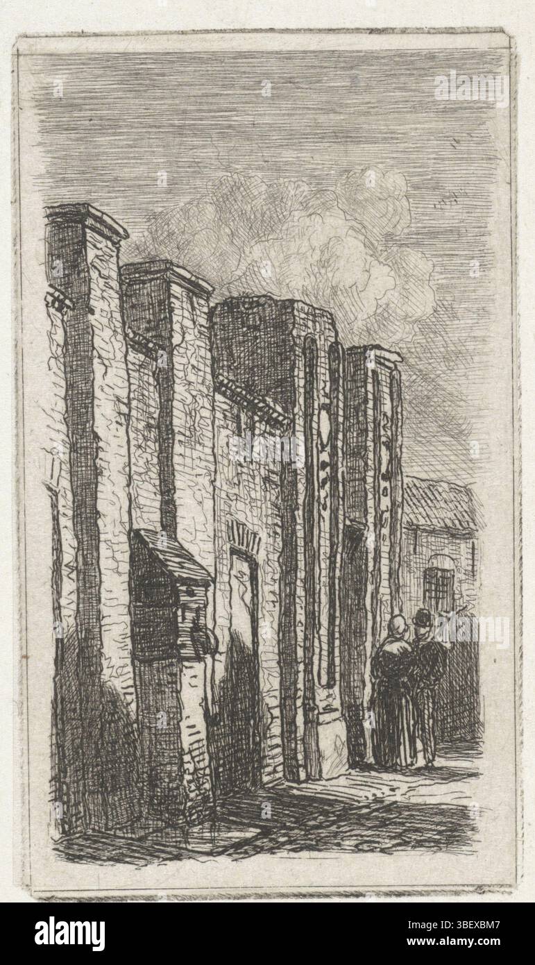 Culemborg, Weissenbruch, Jan, Mauer bei Culemborg, vero - gestempelt, ein Mann und eine Frau stehen an einer Mauer, möglicherweise einer Stadtmauer, mit neigbaren Details und einem Holzschrank., Druck, Höhe 80 mm, Breite 47 mm, Niederländisch, 18.03.1822, 15.02.1880, Druckerei, 1837.1880, Papier, Chine collé, Ätzen, Ätzen Stockfoto