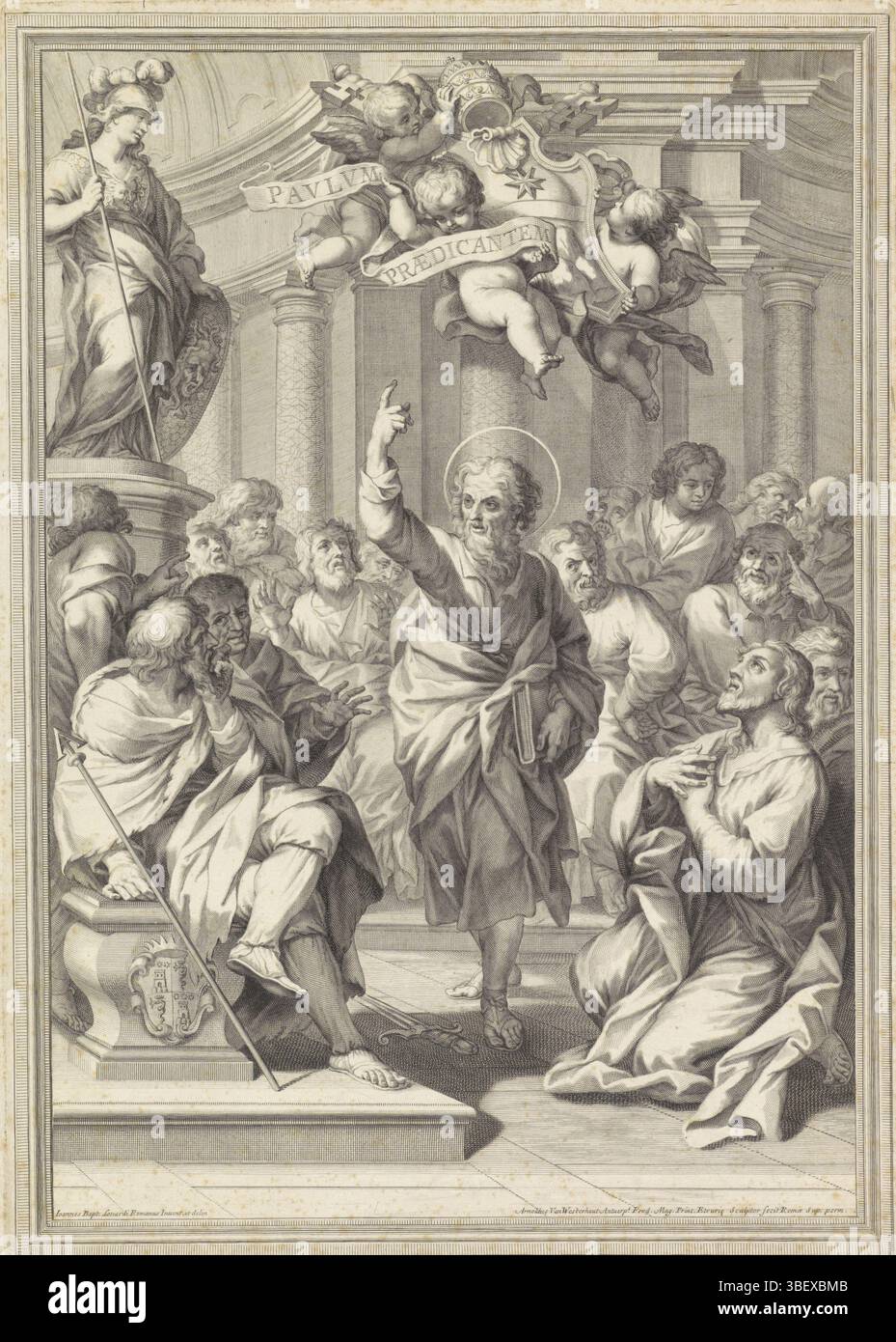 Lenardi, Giovanni Battista, Rom, Westerhout, Arnold van, Pawlvm Prædicantem, Paulus predigt in Athen, verso rechts unten - handgeschrieben in brauner Tinte, Paulus predigt in einem Tempel in Athen für den areopagus, den höchsten athenischen Hof. Alle möglichen Leute hören ihm zu. Eine Statue von Minerva auf der linken Seite. Am Himmel fliegen drei Engel mit der päpstlichen Waffe Clemens XI. Und einem Banderol, auf dem: 'Pavlvm Prædicantem'., Druck, rückwärts links - geprägt, Höhe 435 mm, Breite 307 mm, Südholländisch, 21.02.1651, 18.04.1725, Druckerei, 1680 - 1725, Papier, Gravur, Gravur (Druckverfahren), Ätzen, 1656 - Stockfoto